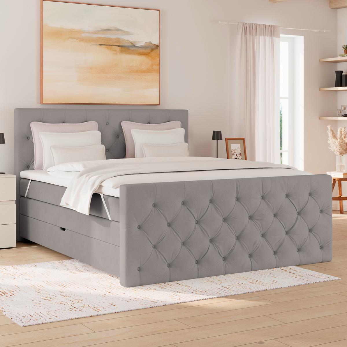 Boxspring Krevet Elio - srebrne boje/bež, Romantično / ladanjski, tekstil/plastika (160/200cm) - Modern Living