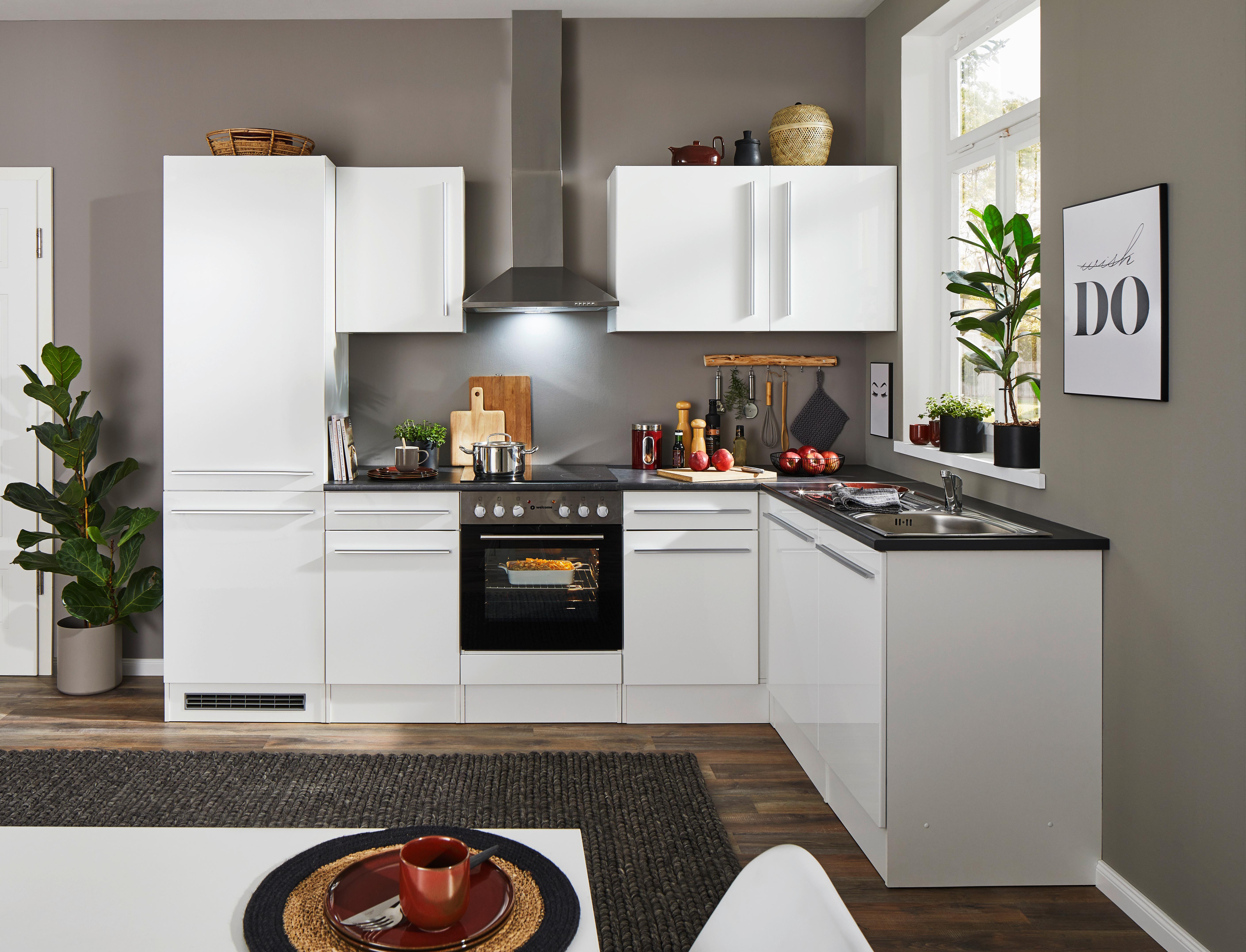 Eckküche Jazz mit Geräten ca.280x175cm Weiß Hochglanz - Weiß Hochglanz/Dunkelgrau, LIFESTYLE, Holzwerkstoff/Kunststoff (280/175cm) - P & B