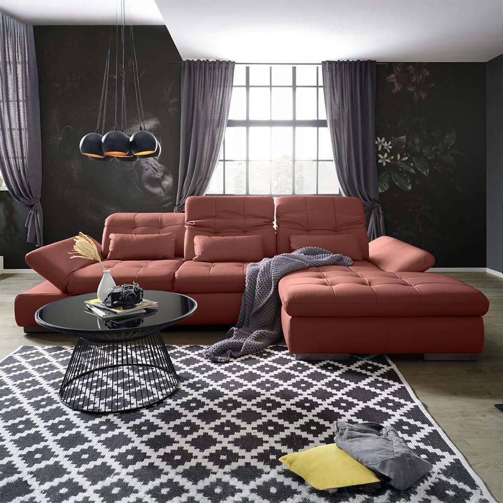 Wohnlandschaft Sanfino Leder Weinrot - Chromfarben/Weinrot, KONVENTIONELL, Leder/Metall (305/79-96/199cm) - Premium Living