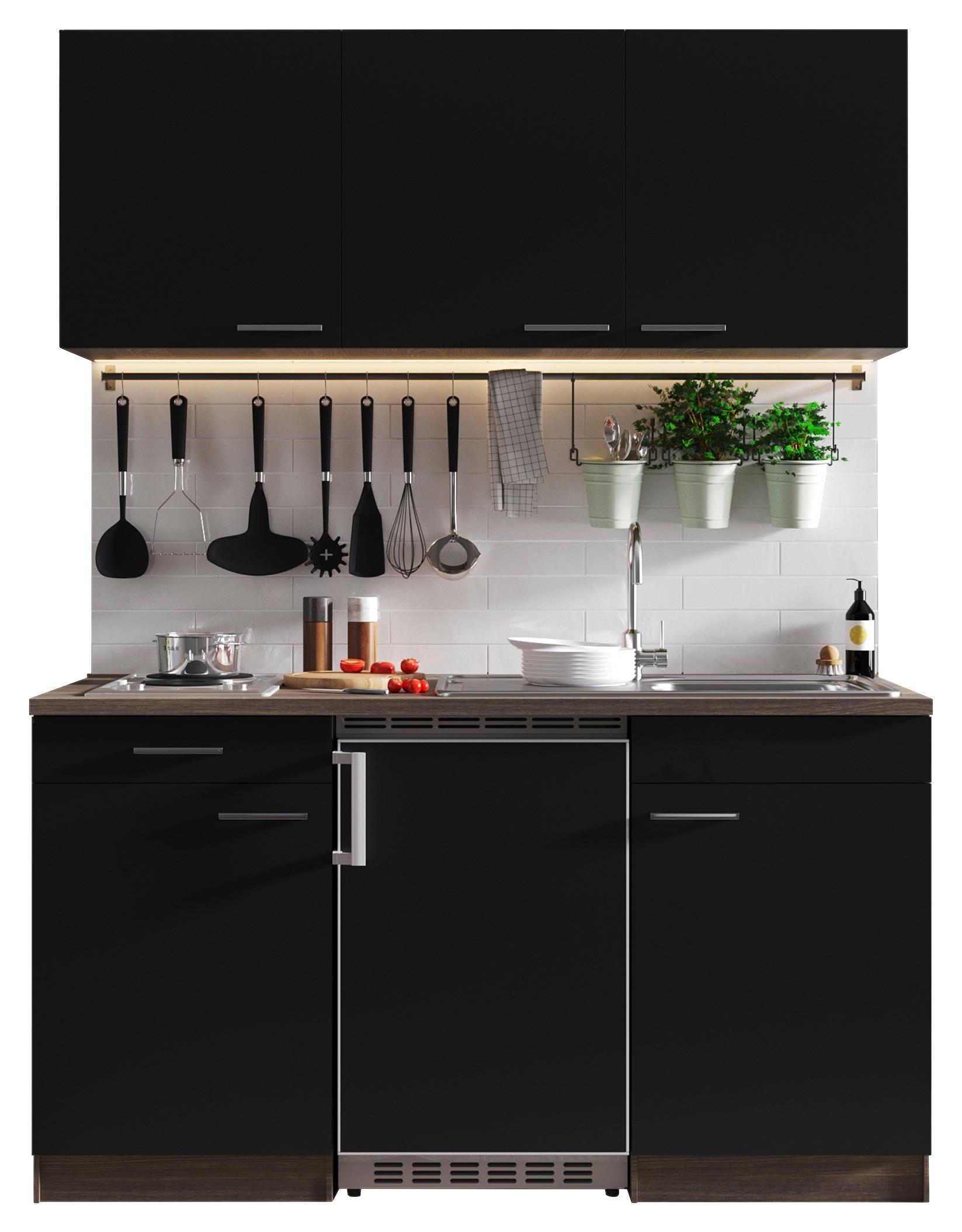 Miniküche Oliver mit Geräten ca. 150 cm Schwarz - Eichefarben/Schwarz, Basics, Holzwerkstoff/Kunststoff (150cm) - Respekta