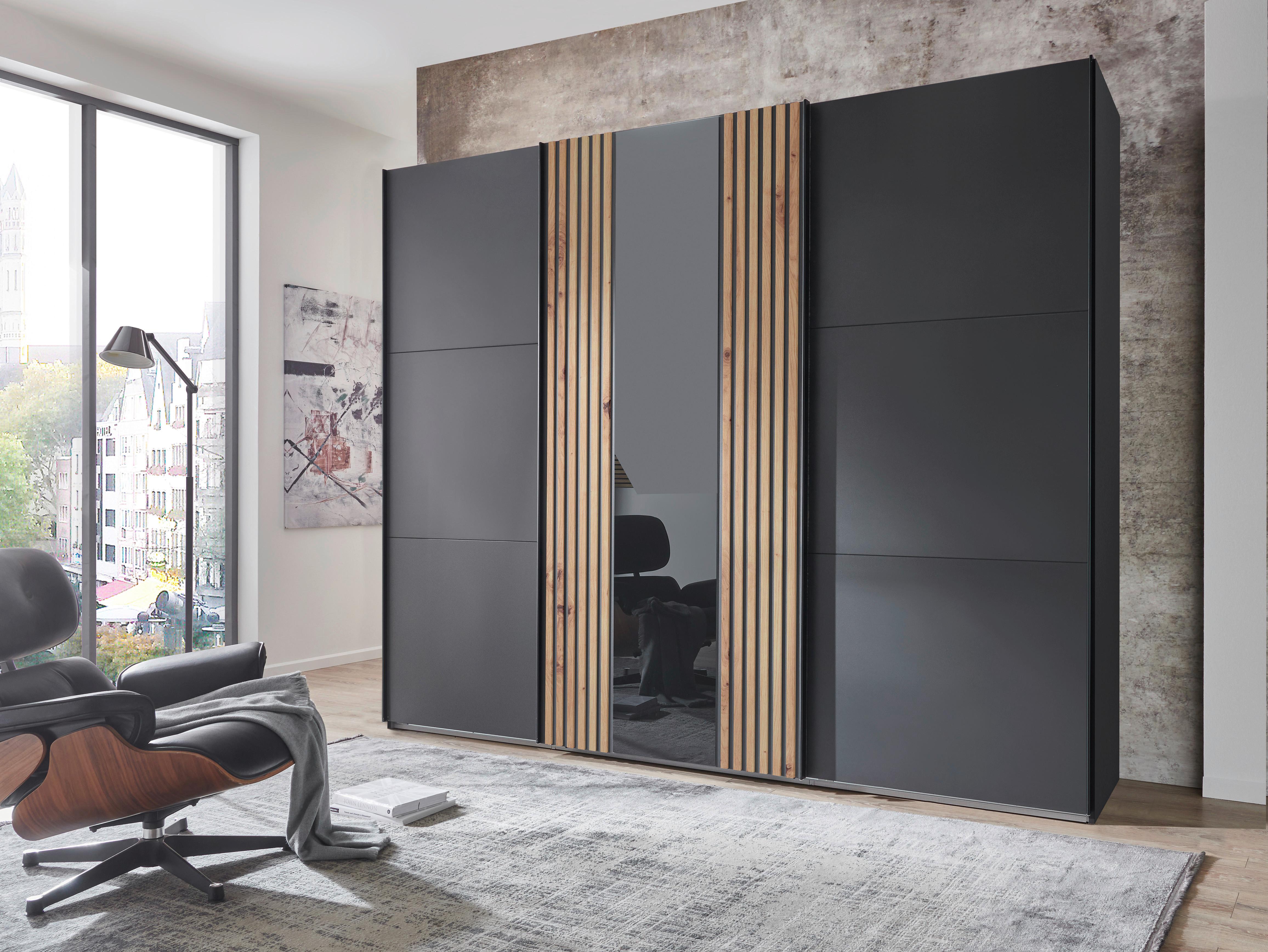 DULAP USI CULISANTE ATLANTA - grafit/stejar Artisan, Modern, sticlă/material pe bază de lemn (250/216/65cm) - Premium Living