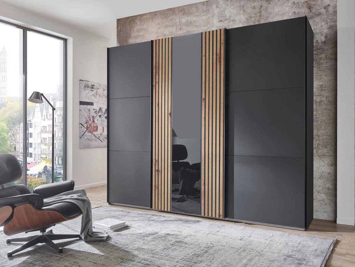 DULAP USI CULISANTE ATLANTA - grafit/stejar Artisan, Modern, sticlă/material pe bază de lemn (250/216/65cm) - Premium Living