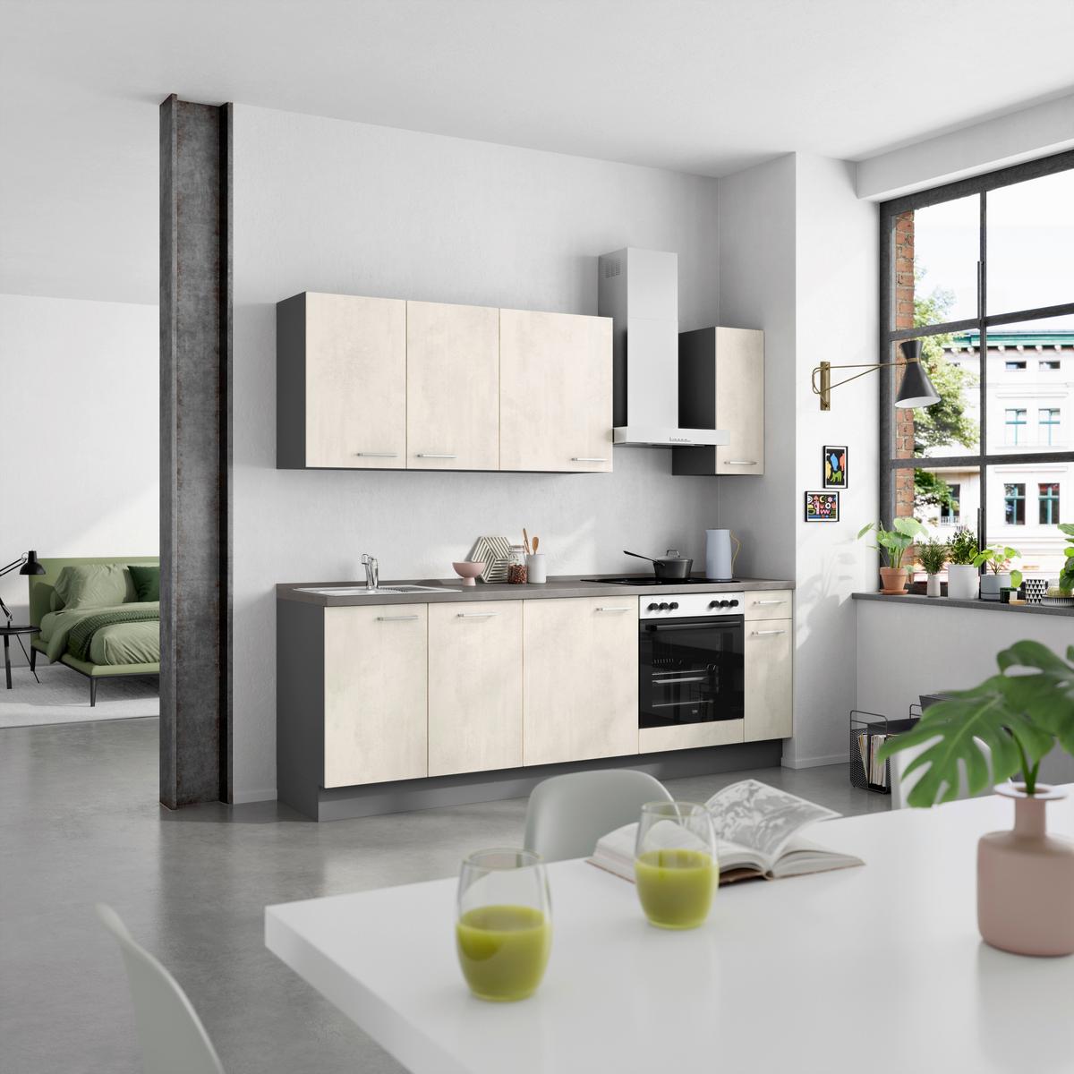 Küchenblock Riva Low m. Geräten Weiß - Schieferfarben/Edelstahlfarben, MODERN, Holzwerkstoff/Metall (240cm) - Nobilia