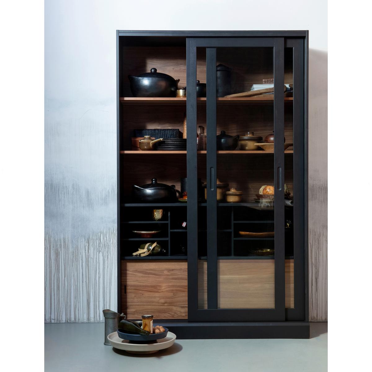Vitrine James Schwarz/Walnussfarben B: 125cm - Nussbaumfarben/Walnussfarben, Design, Glas/Holz (125/200/57cm) - Livetastic