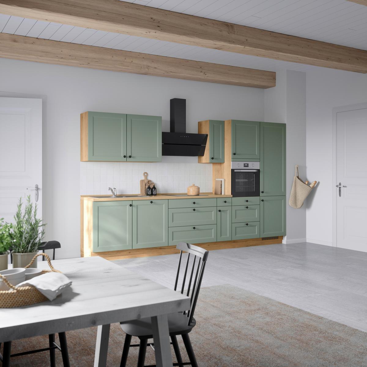 Küchenblock Cascada High m. Geräten Schilfgrün - Schilfgrün/Eichefarben, MODERN, Holzwerkstoff/Metall (360cm) - Nobilia