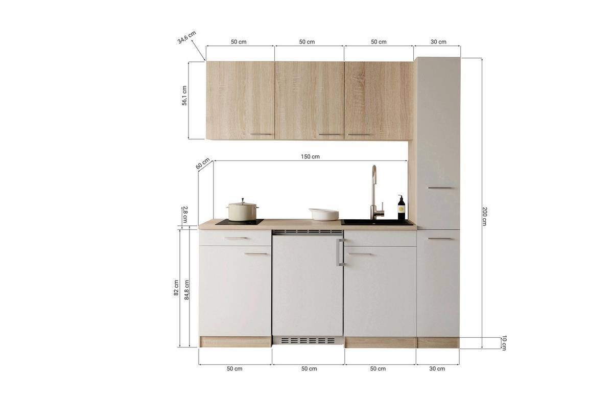 Küchenblock Ingrid m. Geräten Weiß - Eichefarben/Alufarben, Design, Holzwerkstoff/Kunststoff (180cm) - Respekta