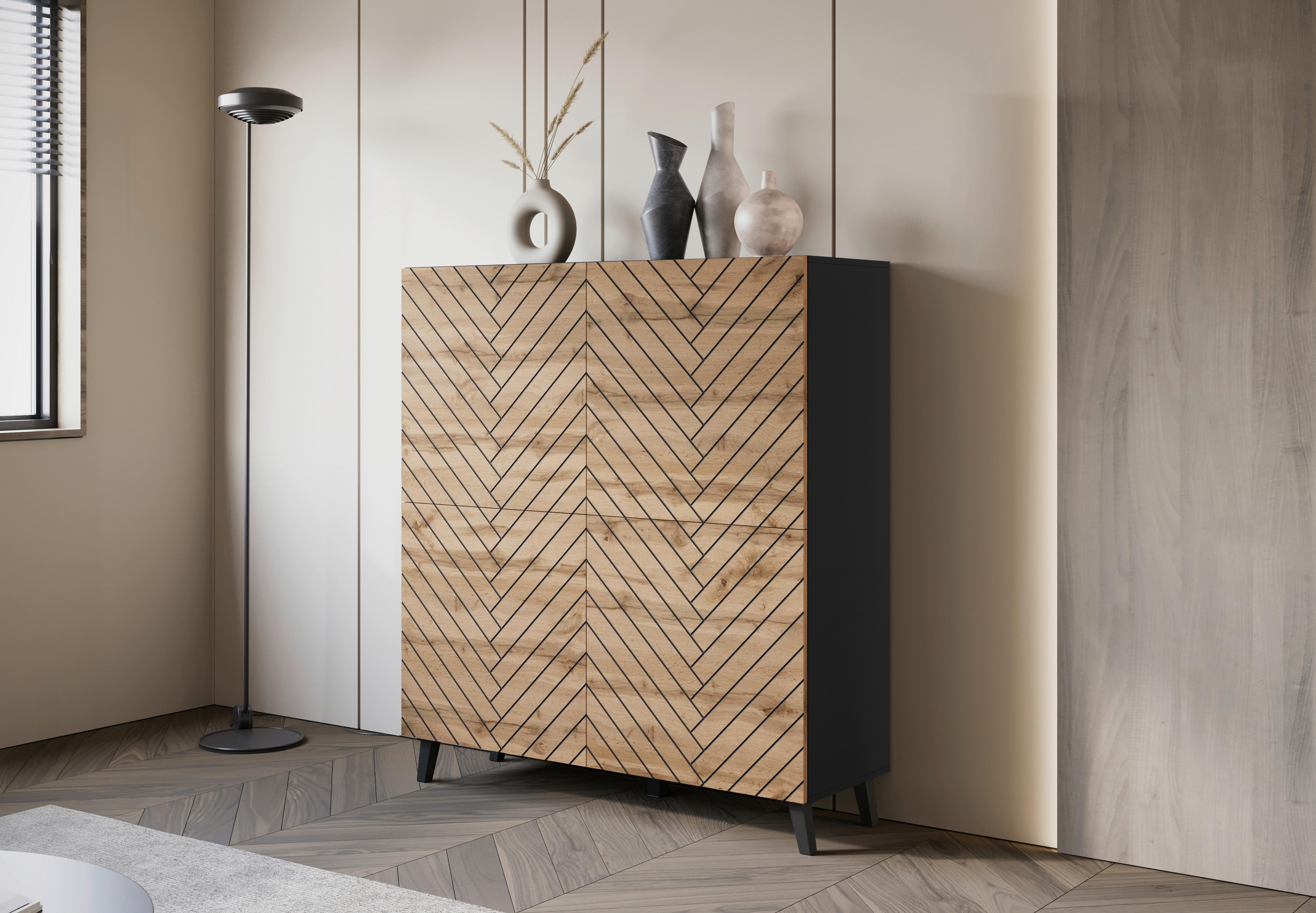 Visoka Komoda Phuket 120, Črna, Barva Hrasta - hrast wotan/črna, Trend, umetna masa/leseni material (120/130/39cm) - Livetastic