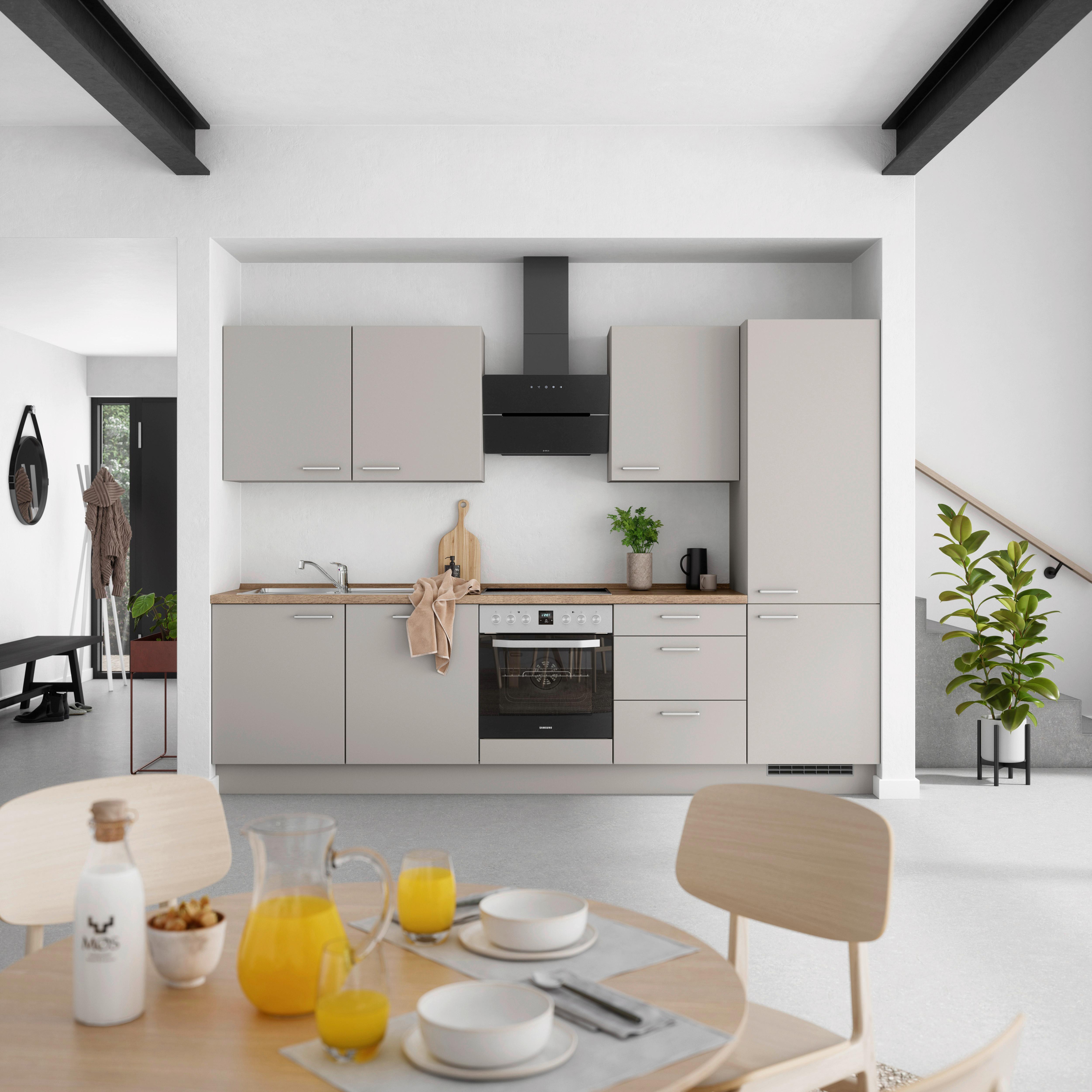 Küchenblock Touch High m. Geräten Grau - Eiche dunkel/Edelstahlfarben, MODERN, Holzwerkstoff/Metall (300cm) - Nobilia