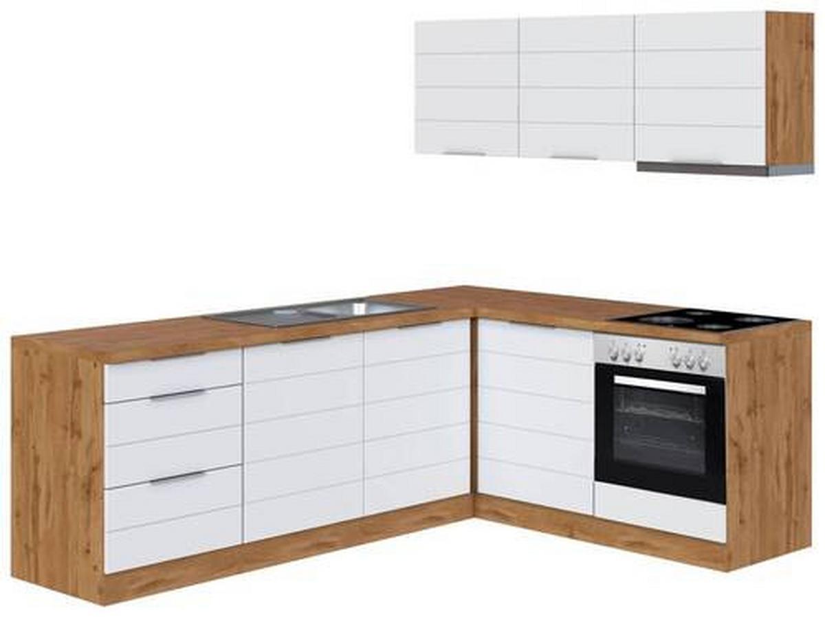 Eckküche Florenz mit Geräte ca. 240x180 cm Weiß/Eiche - Eiche Wotan/Weiß, Design, Holzwerkstoff/Metall (240/180cm) - Held