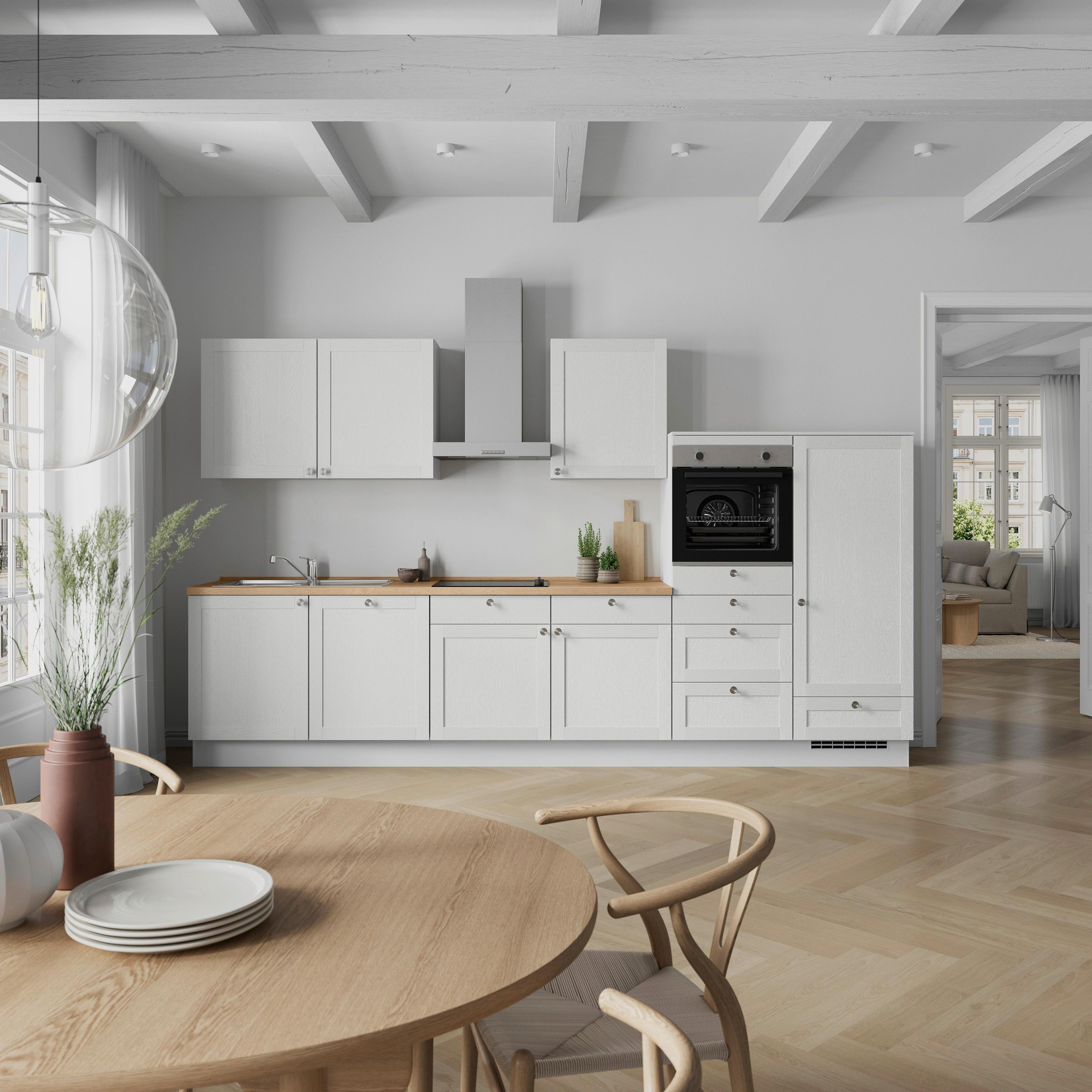 Küchenblock Frame Low m. Geräten Weiß - Edelstahlfarben/Eichefarben, MODERN, Holzwerkstoff/Metall (360cm) - Nobilia