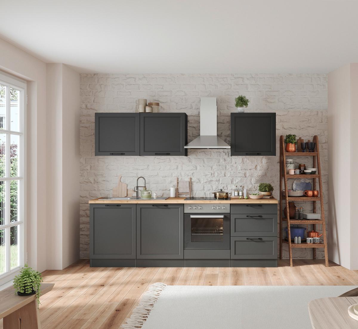 Küchenzeile Meran mit Geräten ca. 240 cm Grau/Eiche - Eiche Wotan/Schwarz, LIFESTYLE, Holzwerkstoff/Metall (240cm) - Held