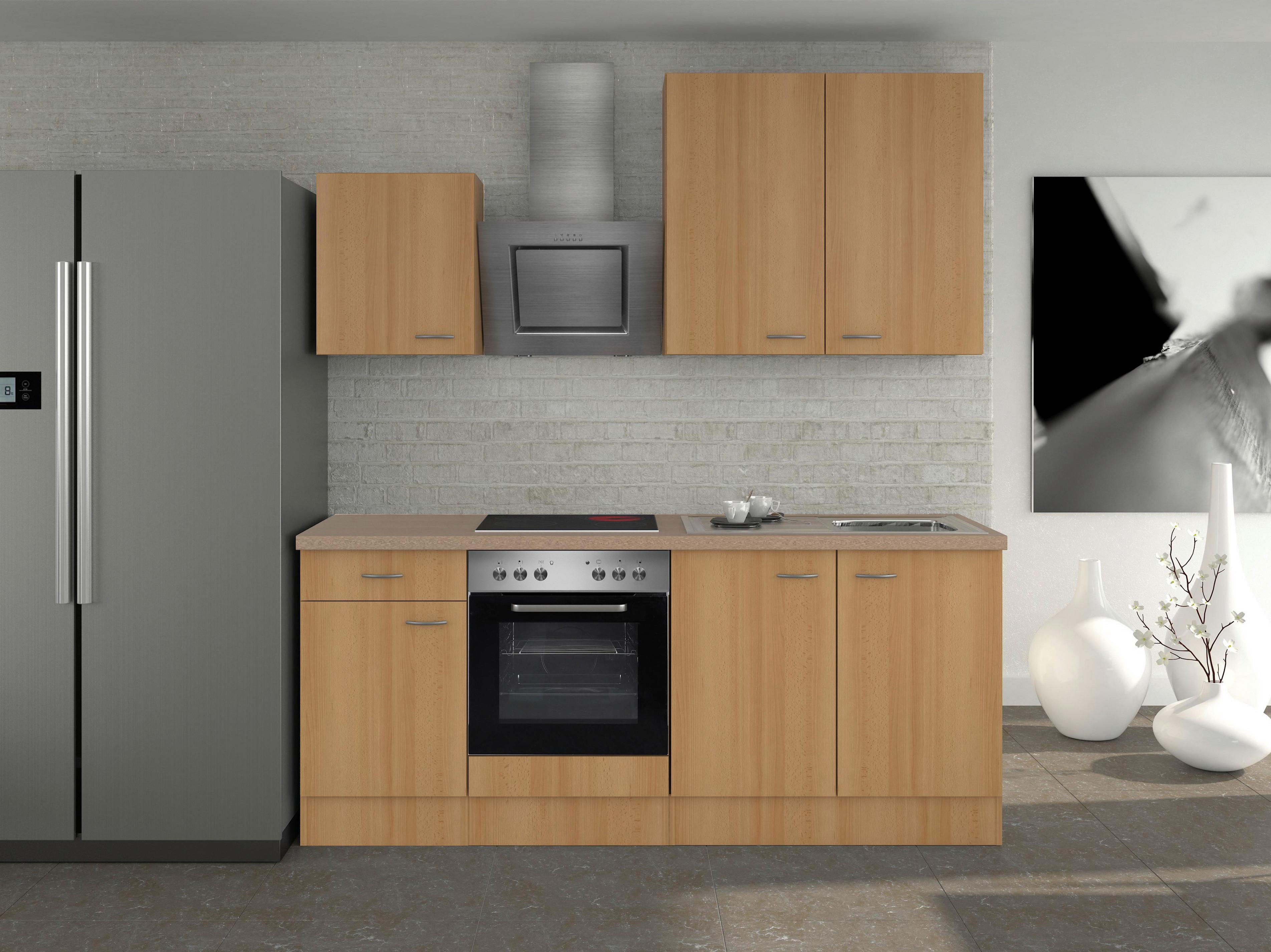 Küchenblock in Buche inkl. Geräte und Spüle 'Nano' - Edelstahlfarben/Beige, MODERN, Holzwerkstoff/Kunststoff (210cm) - FlexWell