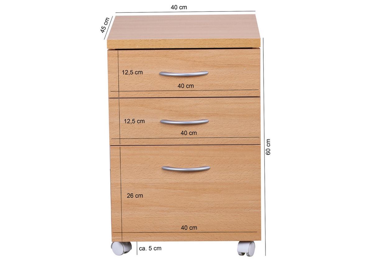 Rollcontainer Kilian ca. 40x60x45 cm Buchefarben - Silberfarben/Buchefarben, KONVENTIONELL, Holzwerkstoff/Kunststoff (40/60/45cm) - MID.YOU