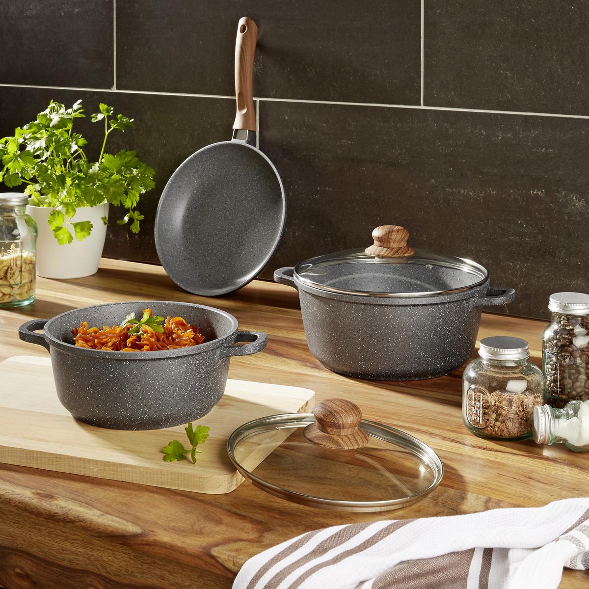 Kochtopfset Woody in Grau/Braun - Klar/Braun, Glas/Kunststoff - Modern Living