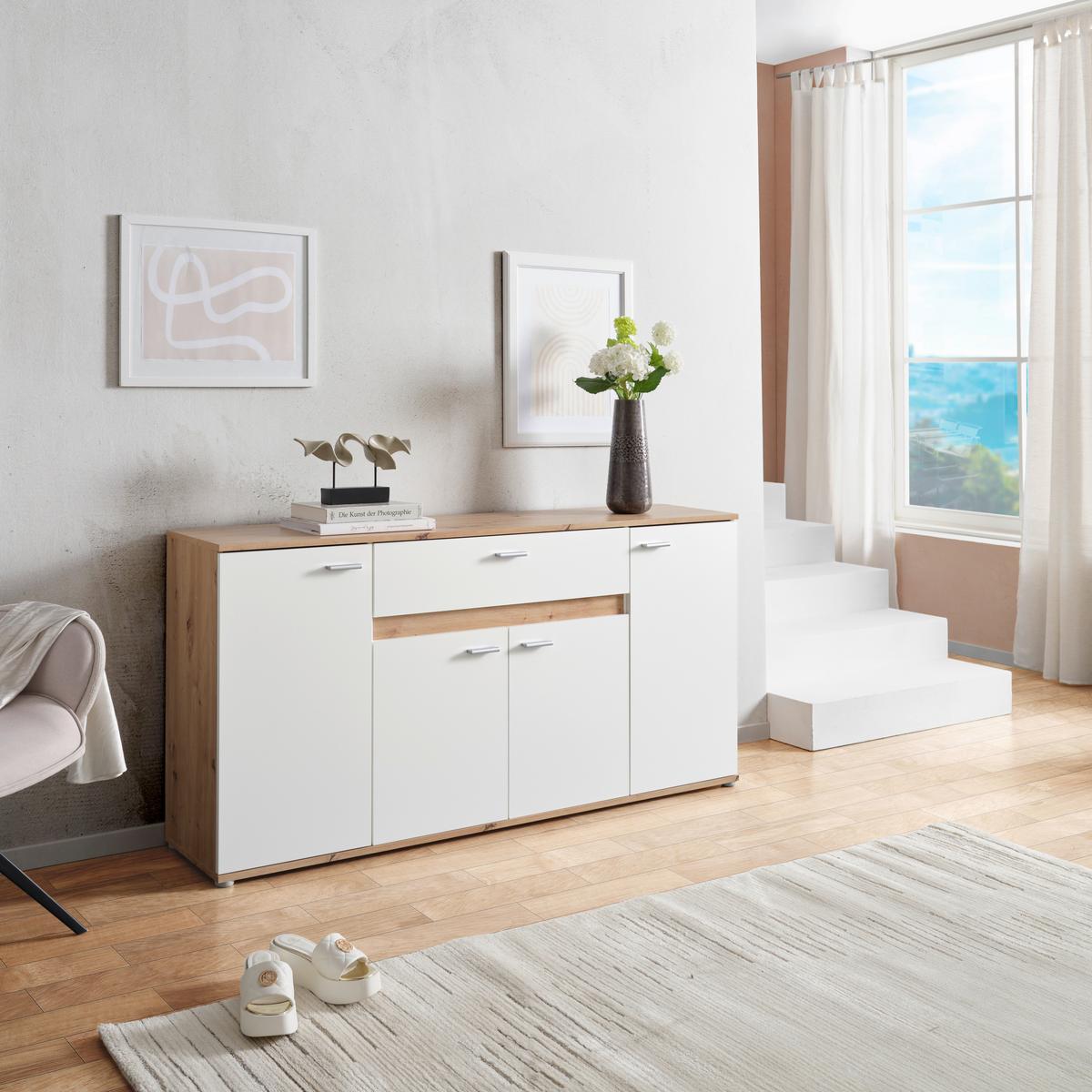 Komód Carmen - tölgyfa színű/fekete, Trend, műanyag/faalapú anyag (160/80/35cm) - Based