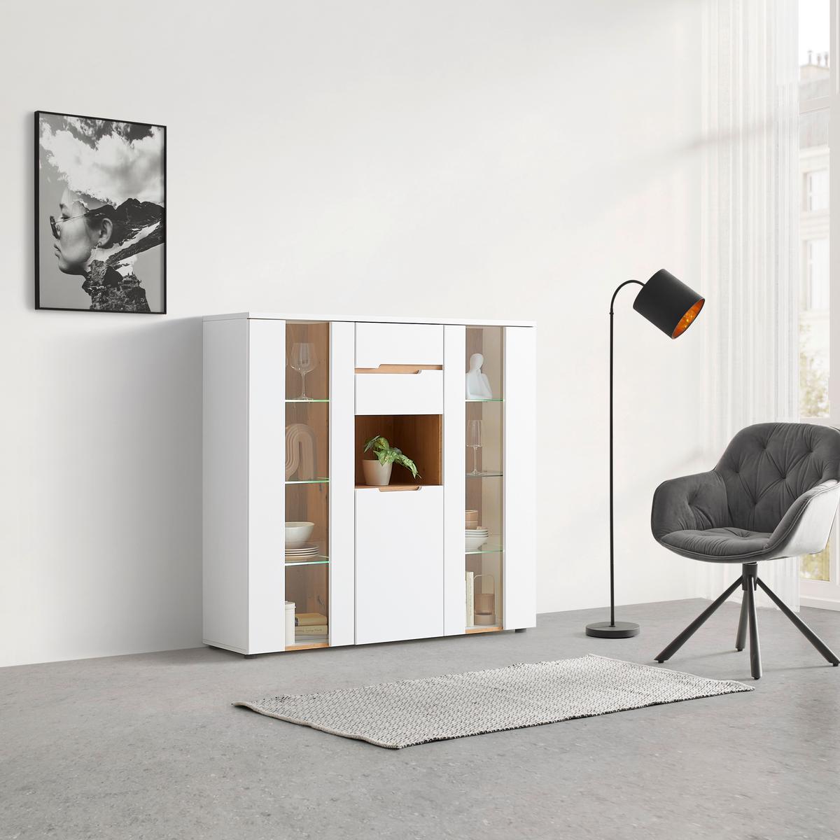 Highboard Dallas Weiss/Eiche Artisan - Weiss/Schwarz, Modern, Holzwerkstoff (130/127/38cm) - Premium Living