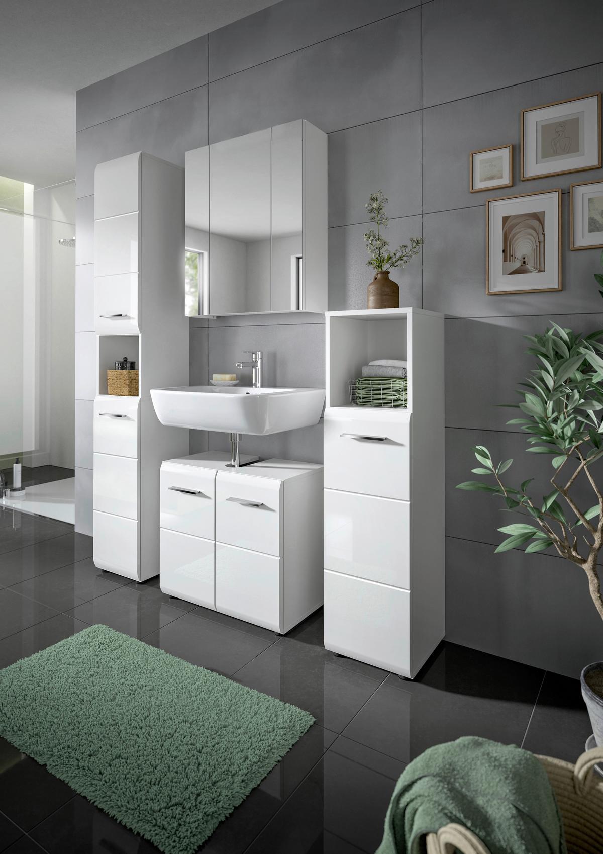 Badezimmer Ice 4-tlg. ca. 120 cm Weiß - Weiß Hochglanz/Silberfarben, MODERN, Holzwerkstoff/Kunststoff (120cm) - MID.YOU