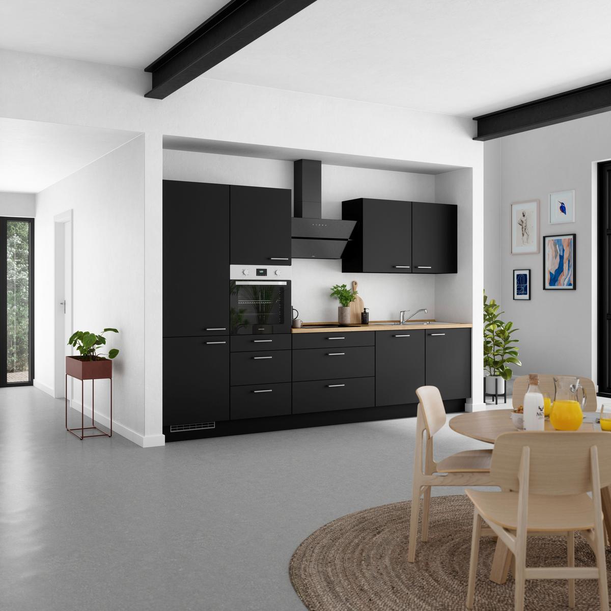 Küchenblock Touch High m. Geräten Schwarz - Edelstahlfarben/Eichefarben, MODERN, Holzwerkstoff/Metall (330cm) - Nobilia