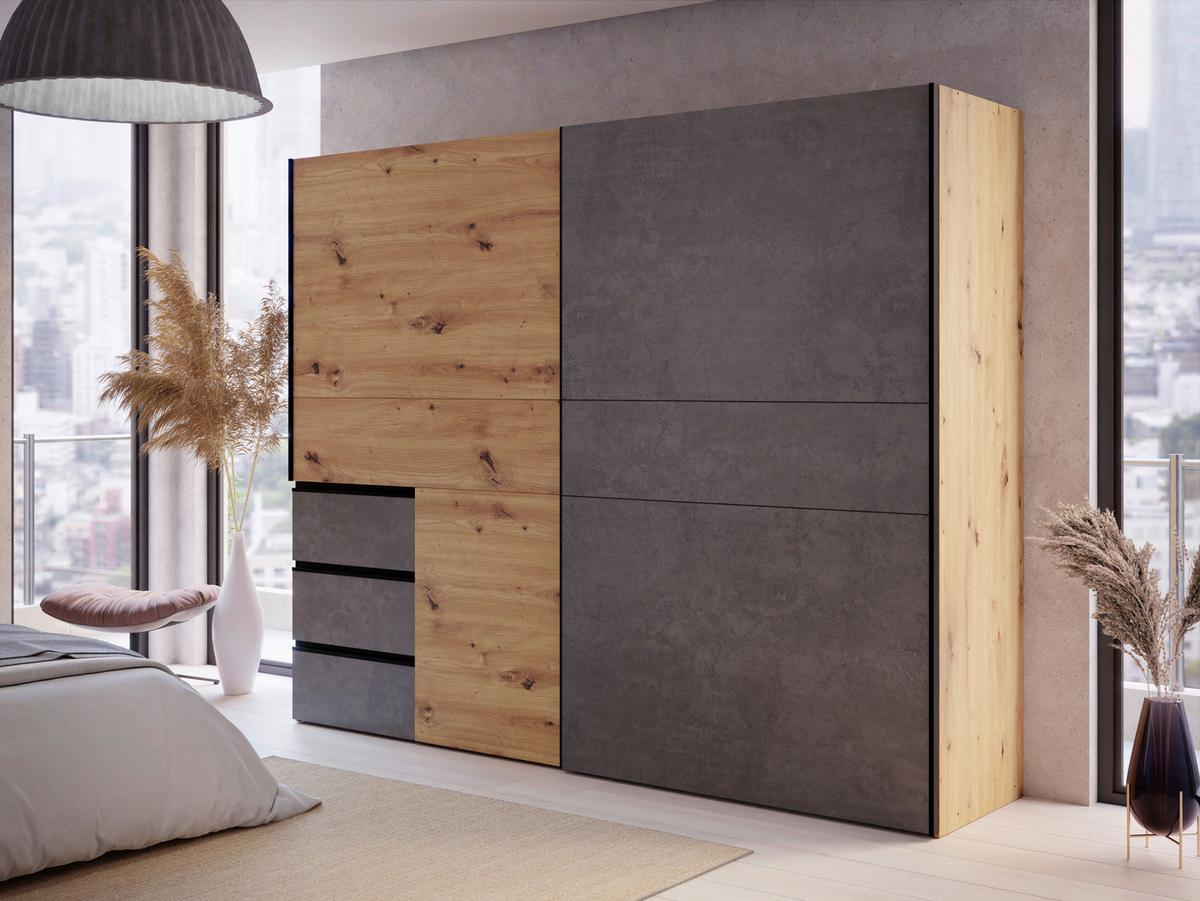 Omara Z Drsnimi Vrati Winn 2, Barva Hrasta, Temno Siva - temno siva/črna, Konvencionalno, kovina/leseni material (250/200/61cm) - Carryhome
