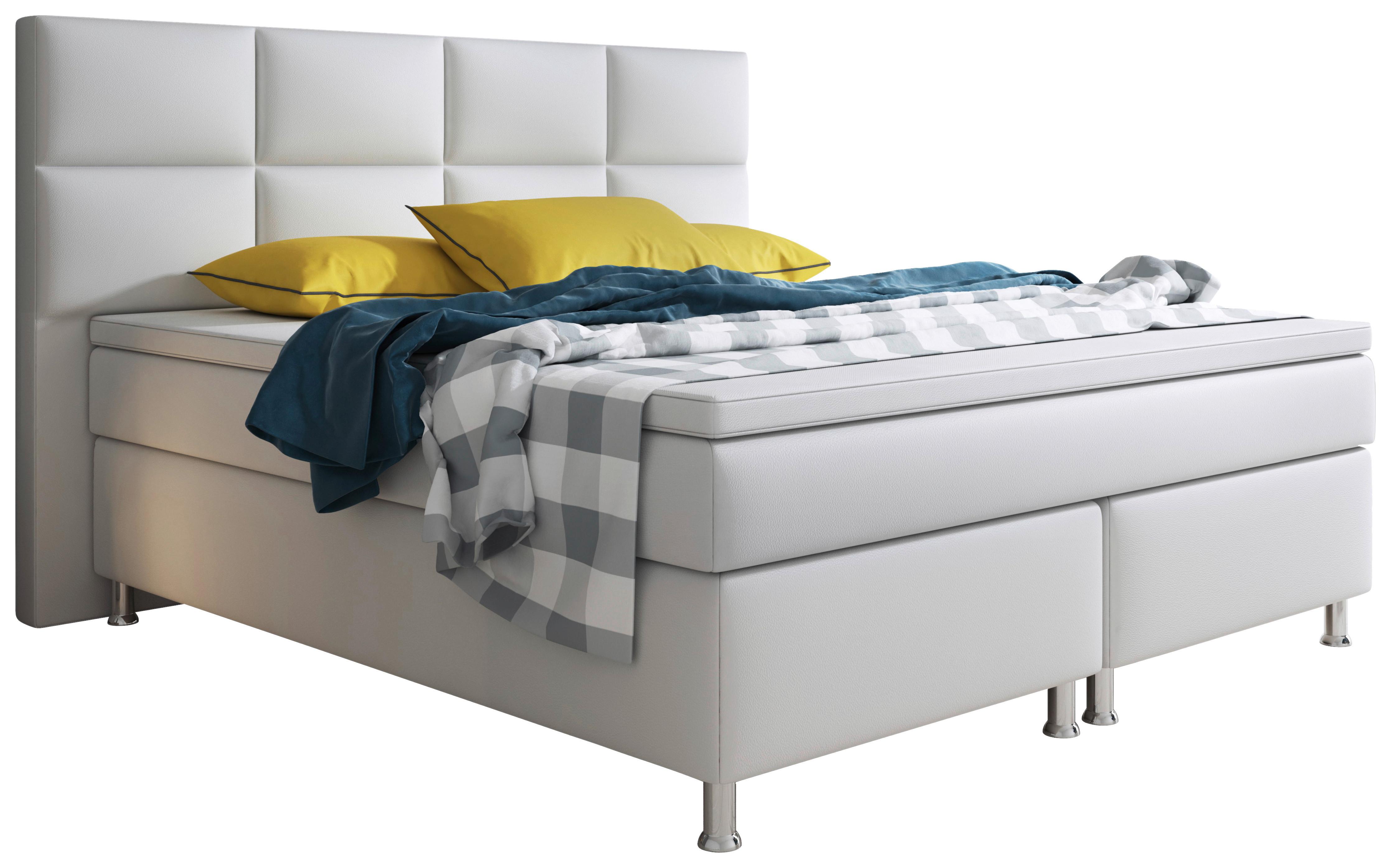 ŁÓŻKO BOXSPRING MIAMI - kolor srebrny/biały, Konventionell, skóra/metal (180/200cm) - MID.YOU