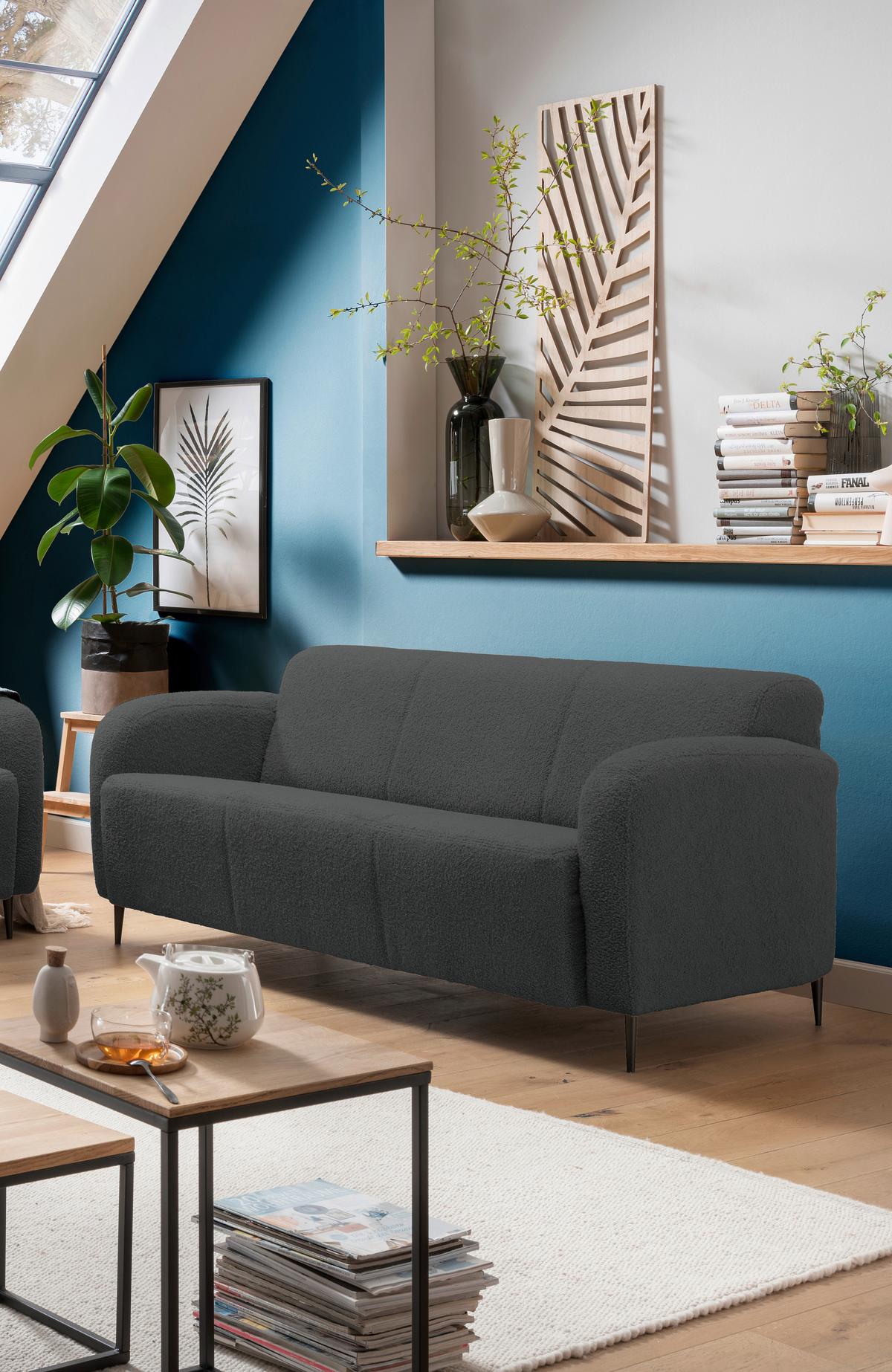 3-Sitzer-Sofa Marone Anthrazit Teddystoff - Anthrazit/Schwarz, MODERN, Textil/Metall (180/76/90cm) - Livetastic