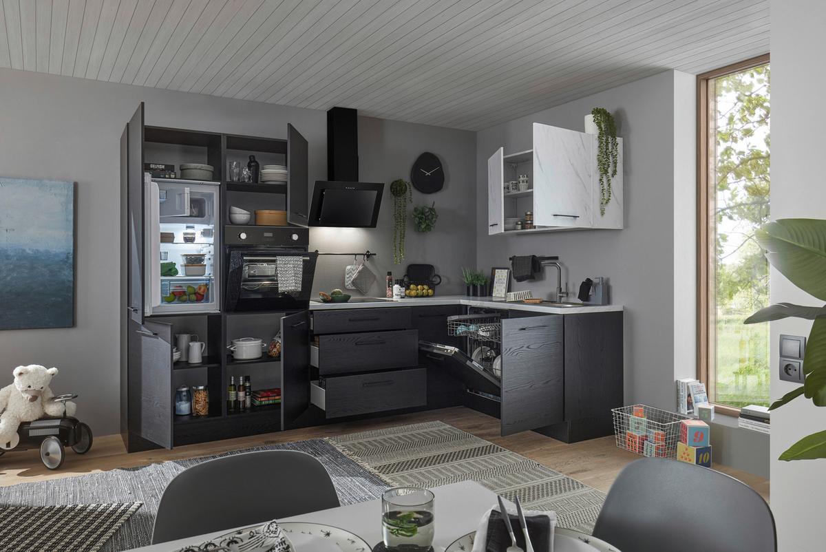 Eckküche New York mit Geräten ca.320x180cm Graphitfarben - Graphitfarben/Schwarz, Design, Holzwerkstoff/Metall (320/180cm) - P & B