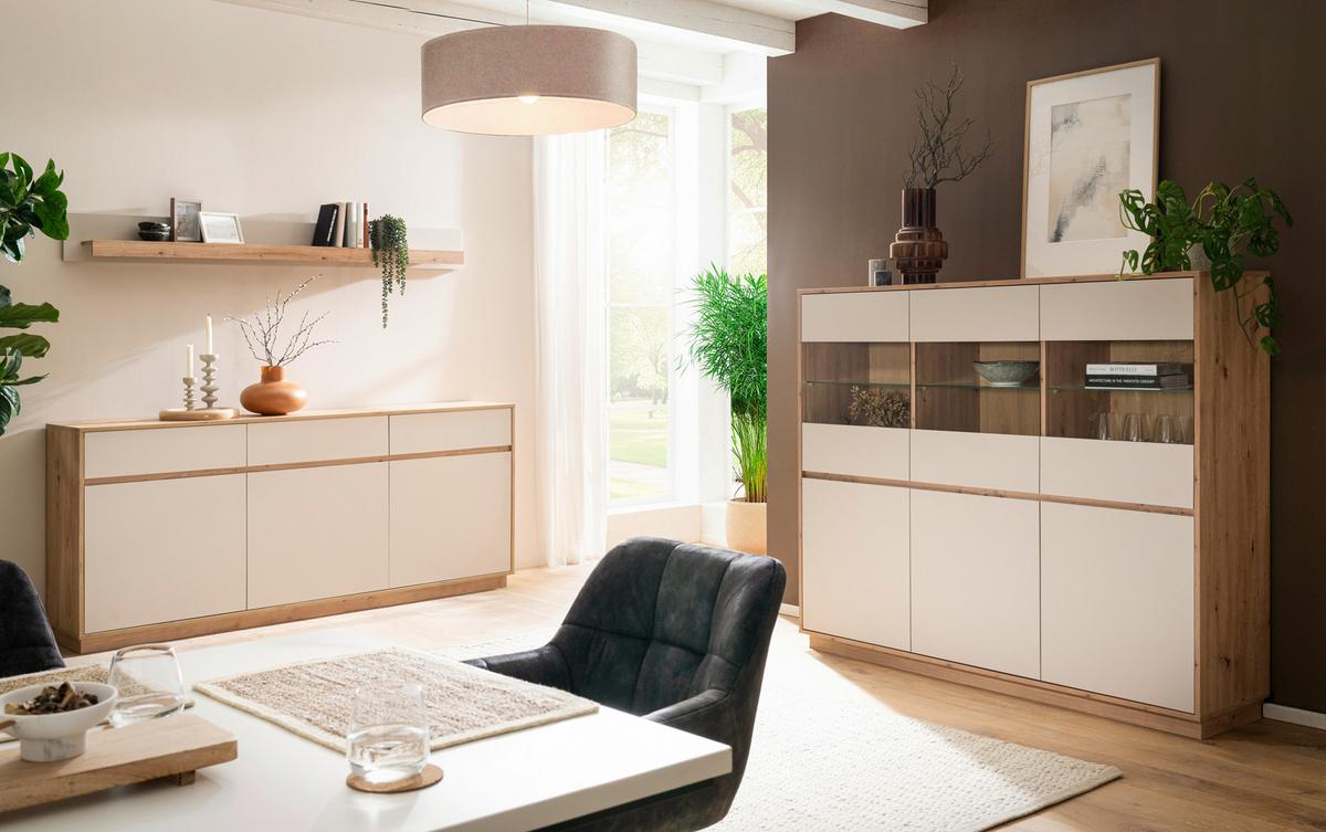 WOHNWAND SONORA - Kaschmir/Eiche Artisan, Design, Glas/Holzwerkstoff - MID.YOU