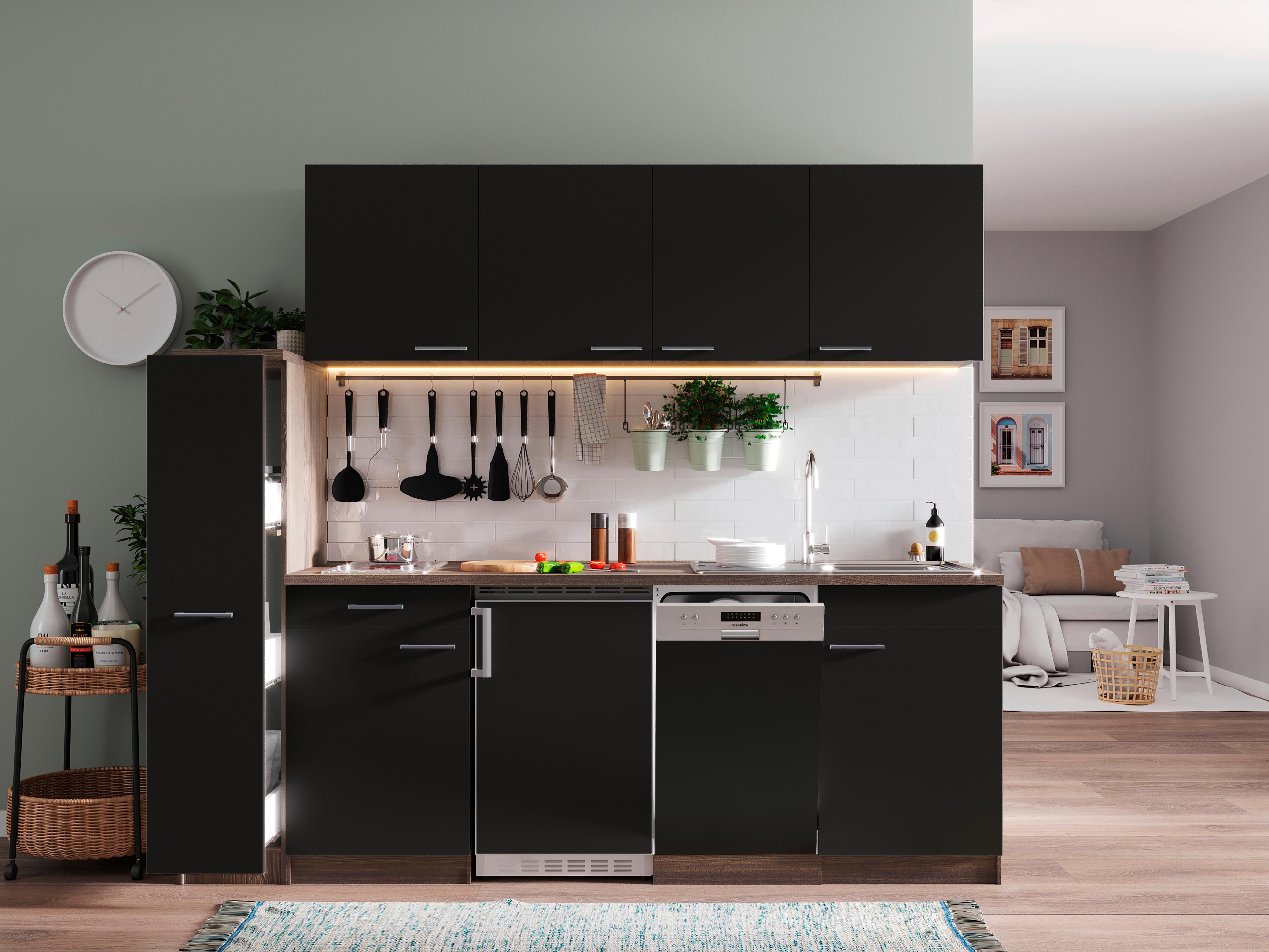 Küchenblock Oliver mit Geräten ca. 225 cm Schwarz - Eichefarben/Schwarz, Basics, Holzwerkstoff/Kunststoff (225cm) - Respekta
