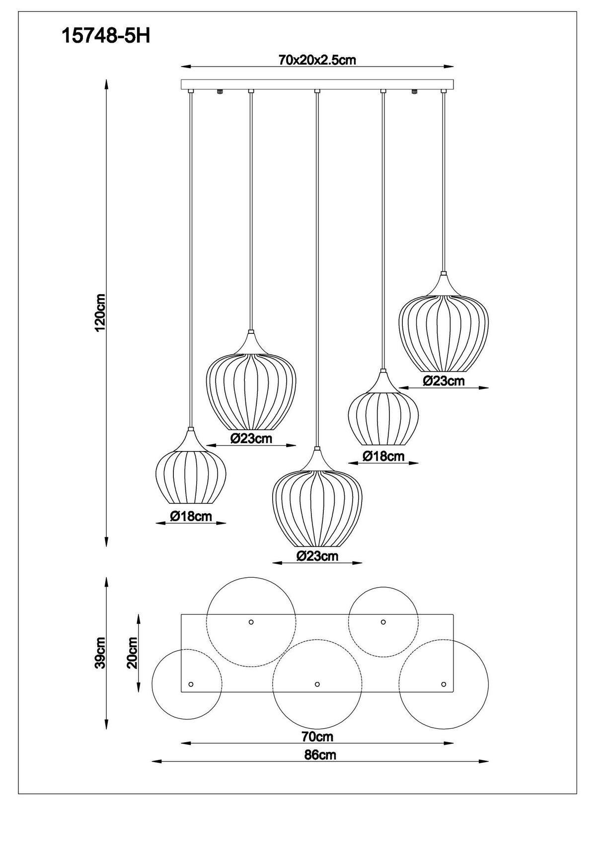 HÄNGELEUCHTE 15748-5H SANDER - Klar/Schwarz, Basics, Glas/Textil (86/39/120cm) - Globo