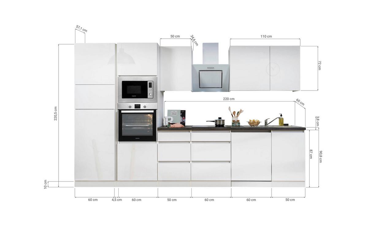 Küchenblock Lorena mit Geräten ca. 345 cm Weiß Hochglanz - Weiß Hochglanz/Graphitfarben, Basics, Holzwerkstoff (345cm) - Respekta