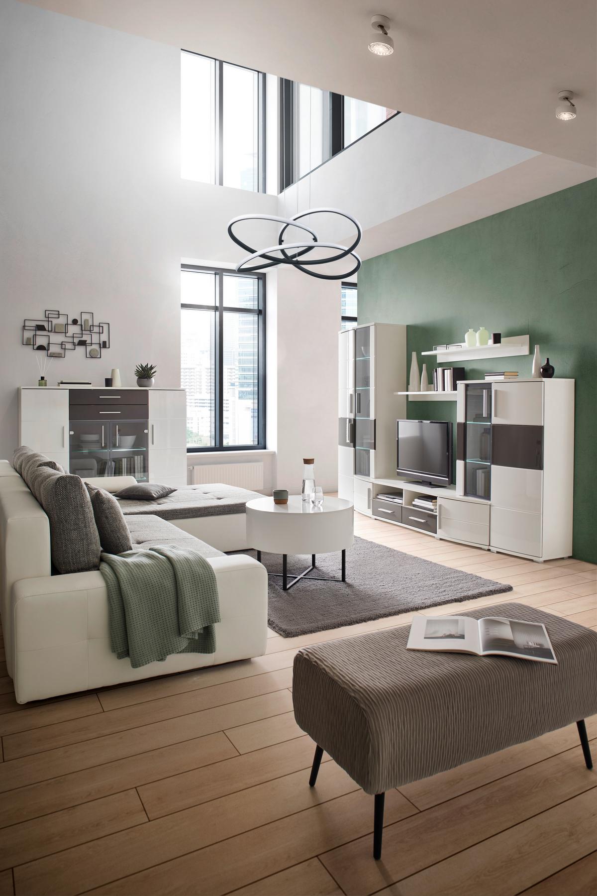 Wohnwand in Weiss/Grau Hochglanz - Weiss/Grau, Modern, Holz (296/198/50cm) - Mömax