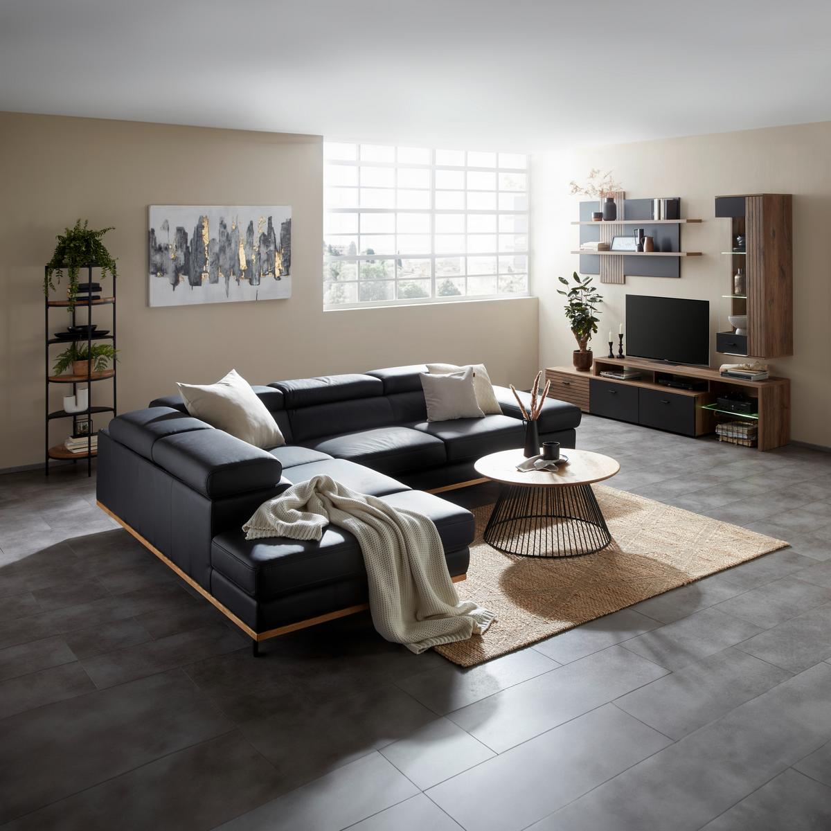 Wohnlandschaft Carmen Schwarz - Schwarz, Modern, Leder/Holz (292/72/226cm) - Premium Living