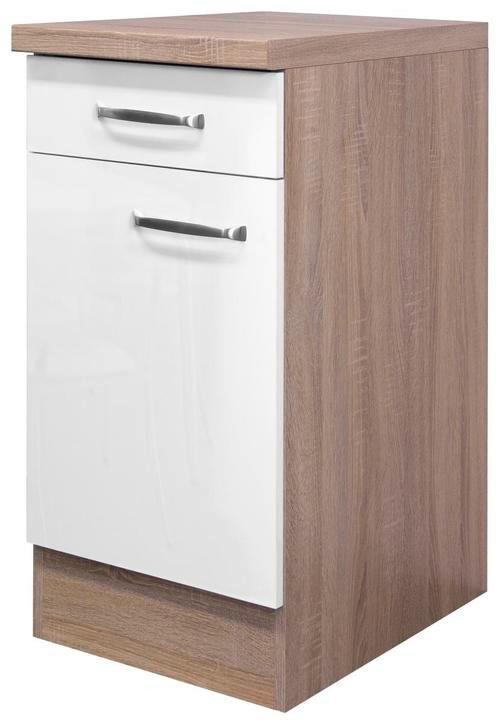 Küchenunterschrank Weiß Hochglanz/Eiche - Edelstahlfarben/Weiß Hochglanz, MODERN, Holzwerkstoff/Metall (40/86/60cm) - FlexWell