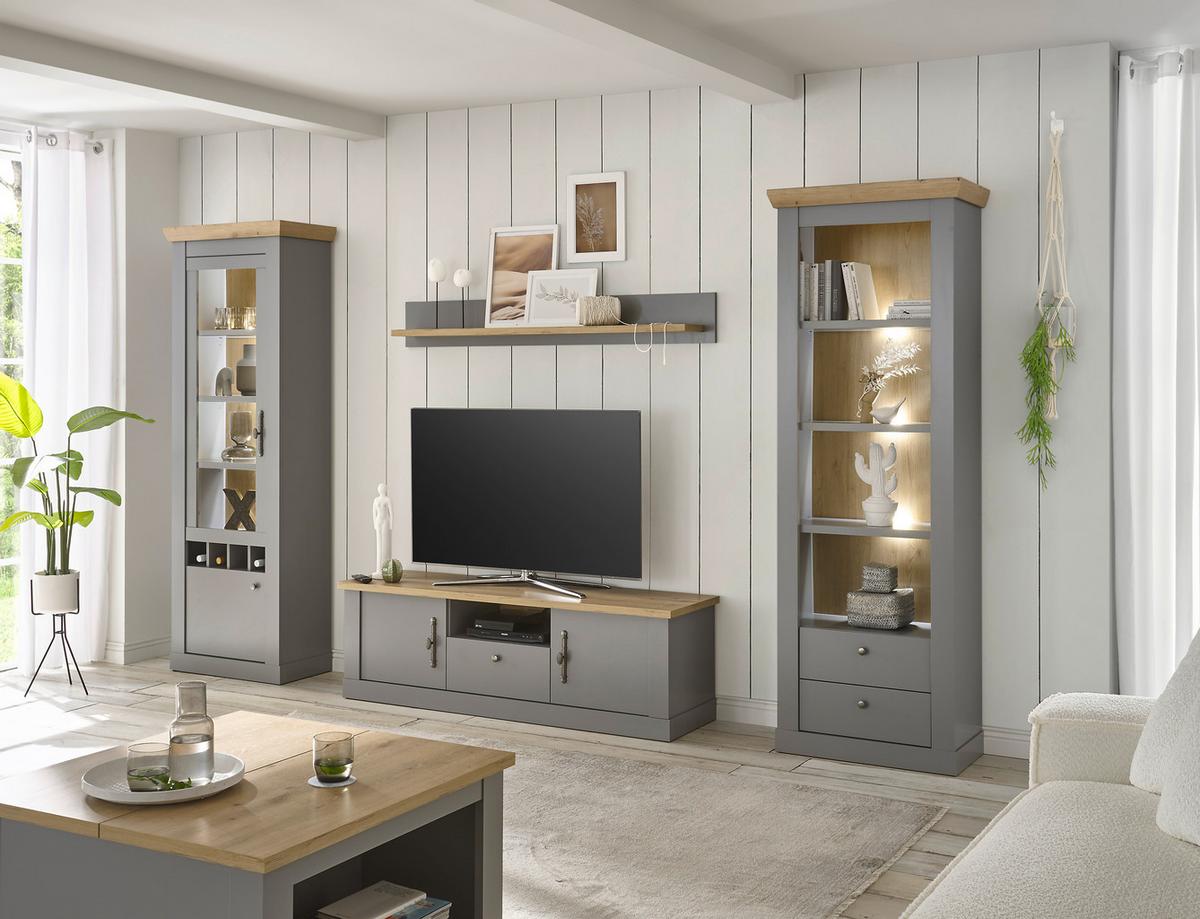 Wohnwand Chambord Eichefarben/Hellgrau - Eichefarben/Silberfarben, Design, Holzwerkstoff/Metall (317/201/44cm) - MID.YOU