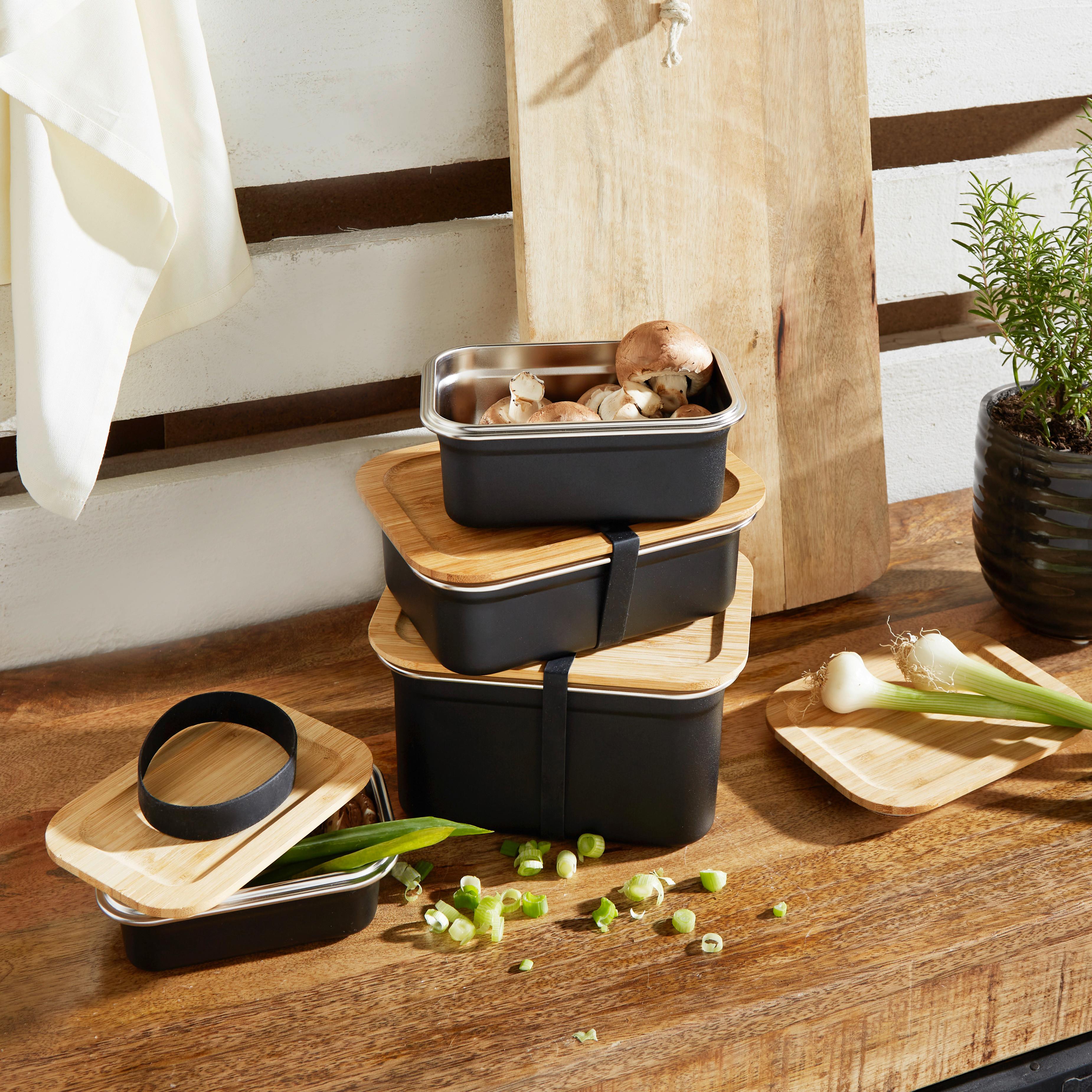 Lunchdosen-Set Ivar, 3-teilig - Schwarz/Naturfarben, MODERN, Holz/Metall (19,3/10/14,3cm) - Premium Living