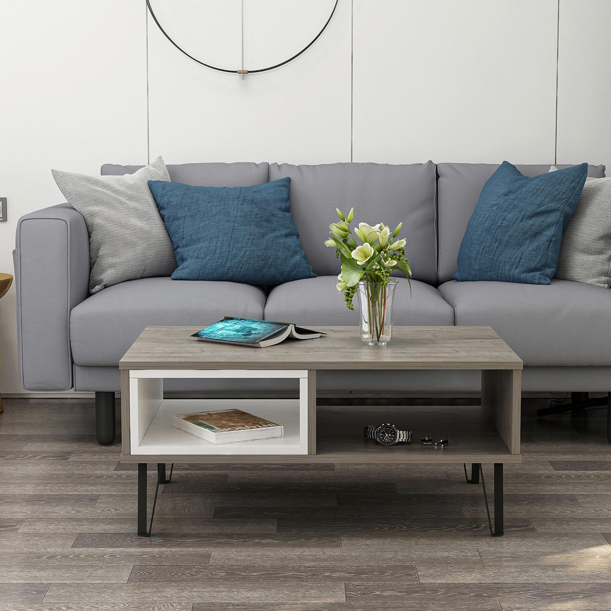 Couchtisch "Mendoz", Eiche dunkel, Weiß - Eiche dunkel/Schwarz, Design, Holzwerkstoff/Metall (90/60/41,1cm) - Livetastic
