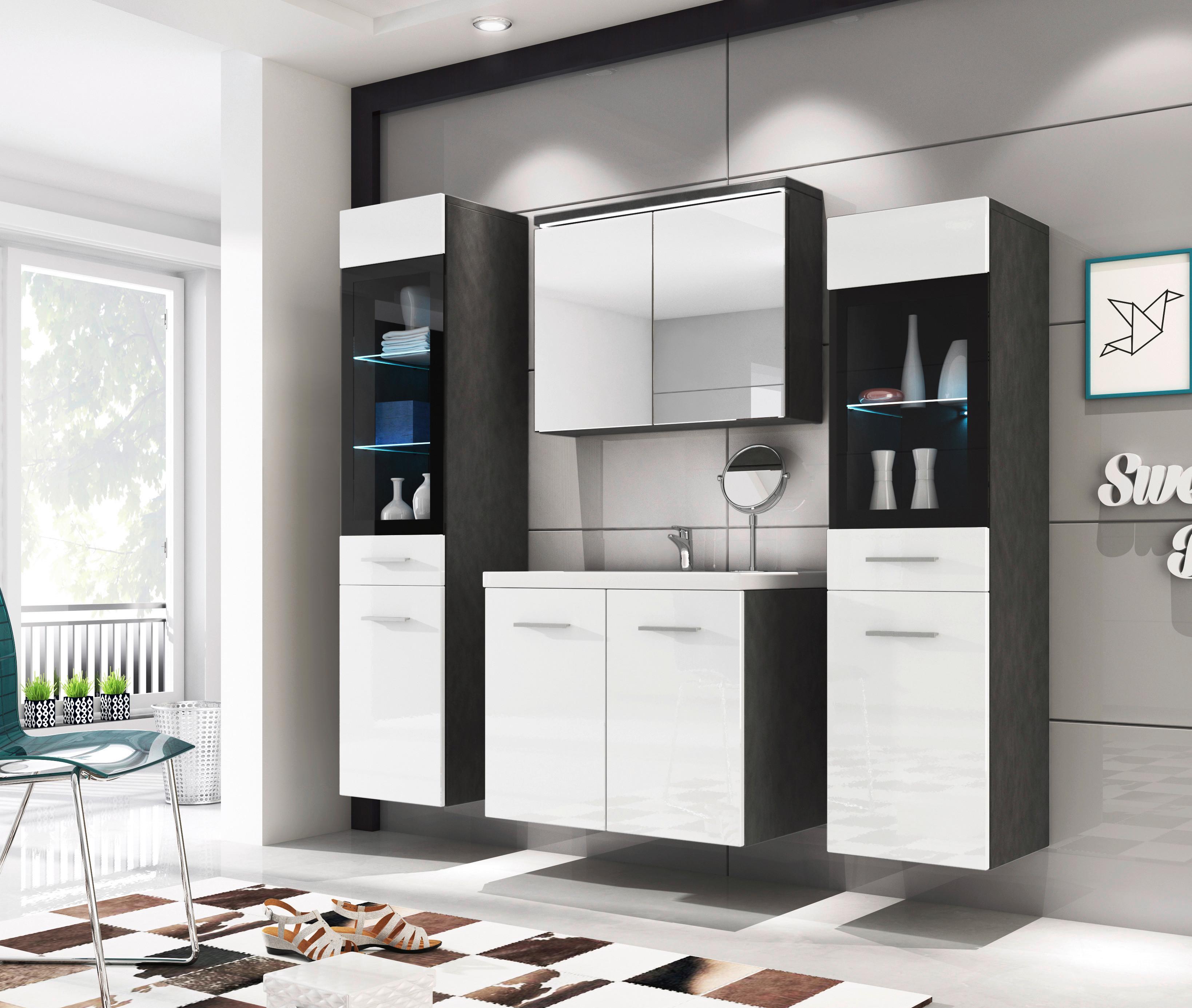 Badmöbel-Set 5-tlg. Madrit mit LED ca. 120 cm Anthr./Weiß - Weiß Hochglanz/Anthrazit, Basics, Glas/Holzwerkstoff (120cm) - P & B