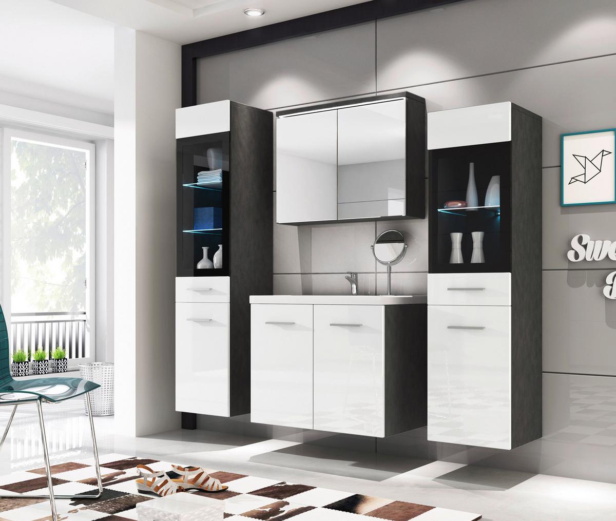 Badmöbel-Set 5-tlg. Madrit mit LED ca. 120 cm Anthr./Weiß - Weiß Hochglanz/Anthrazit, Basics, Glas/Holzwerkstoff (120cm) - P & B
