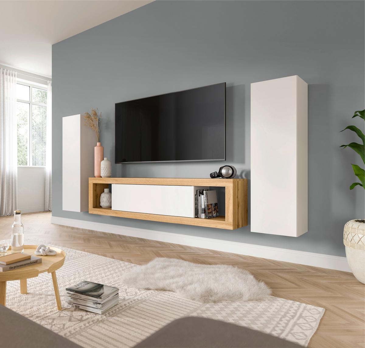 Ansamblu mobilier camera de zi TANGO - alb/stejar Wotan, Design, material pe bază de lemn (270/135/30cm) - Modern Living