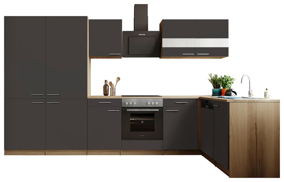 Eckküche Merle m. Geräten ca. 340x172cm Grau - Edelstahlfarben/Eichefarben, Trend, Holzwerkstoff/Metall (340/172cm) - Respekta