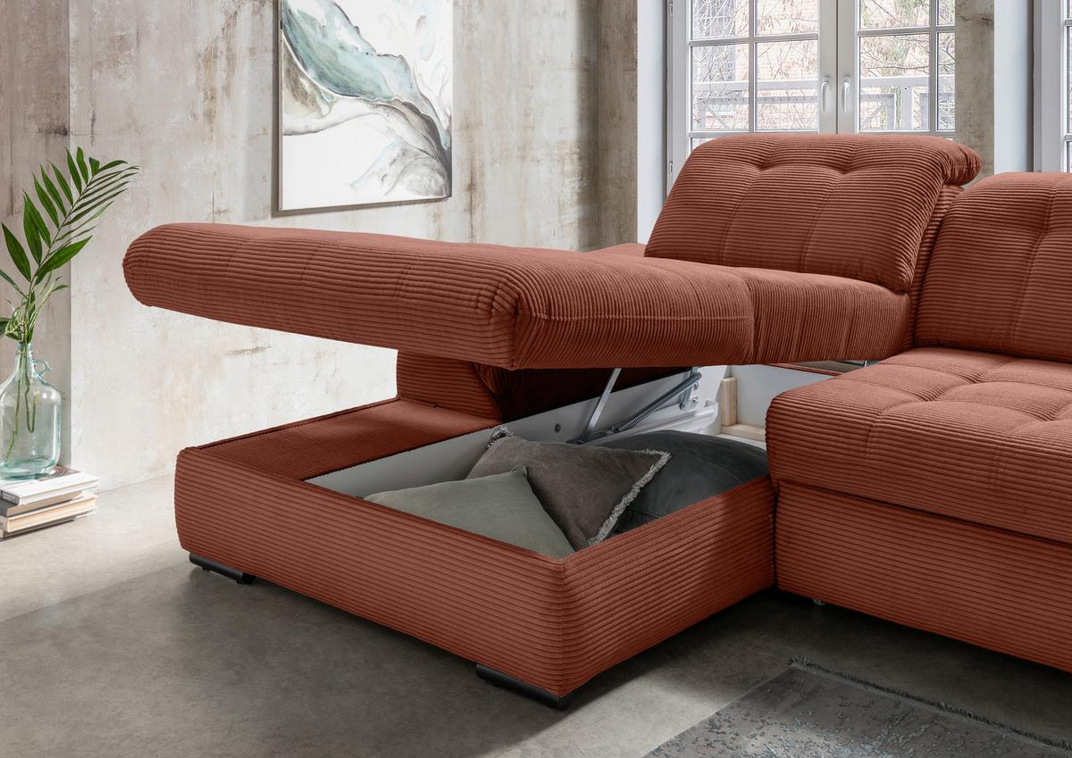 Ecksofa mit Bettkasten Rigatti ca. 184x314 cm Koralle - Koralle/Schwarz, MODERN, Textil/Metall (184/314cm) - Livetastic