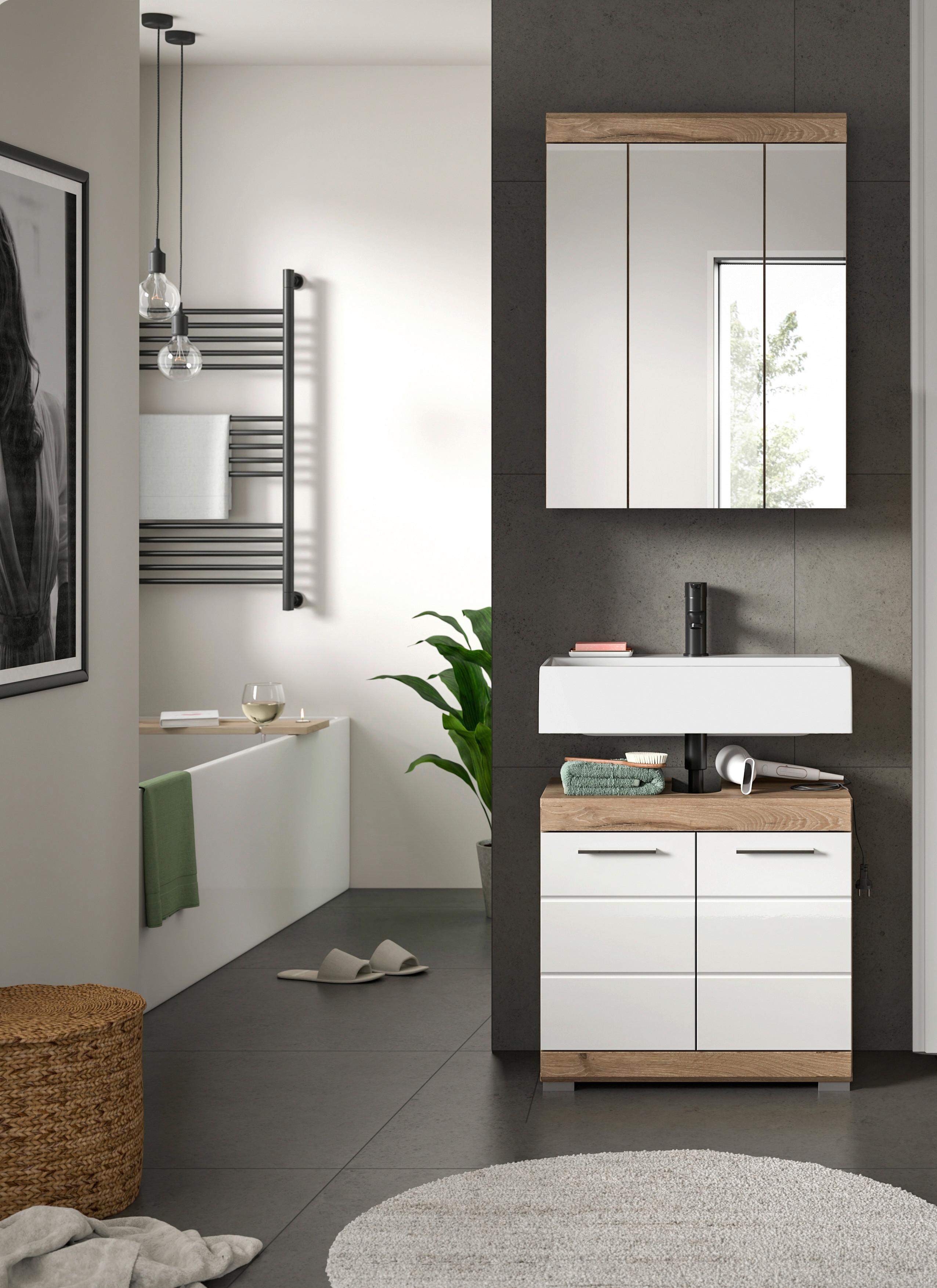 Badezimmer Wave 2-tlg. ca. 60 cm Eiche/Weiß - Chromfarben/Weiß Hochglanz, MODERN, Glas/Holzwerkstoff (60cm) - MID.YOU