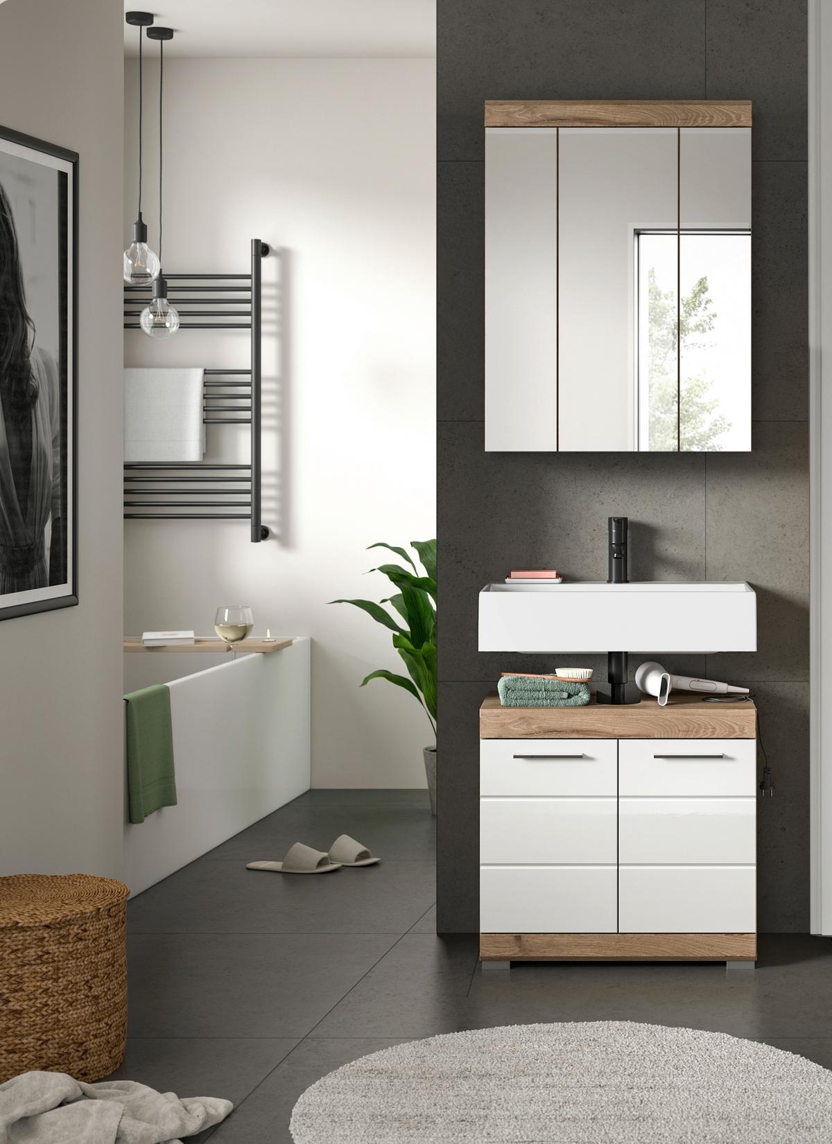Badezimmer Wave 2-tlg. ca. 60 cm Eiche/Weiß - Chromfarben/Weiß Hochglanz, MODERN, Glas/Holzwerkstoff (60cm) - MID.YOU