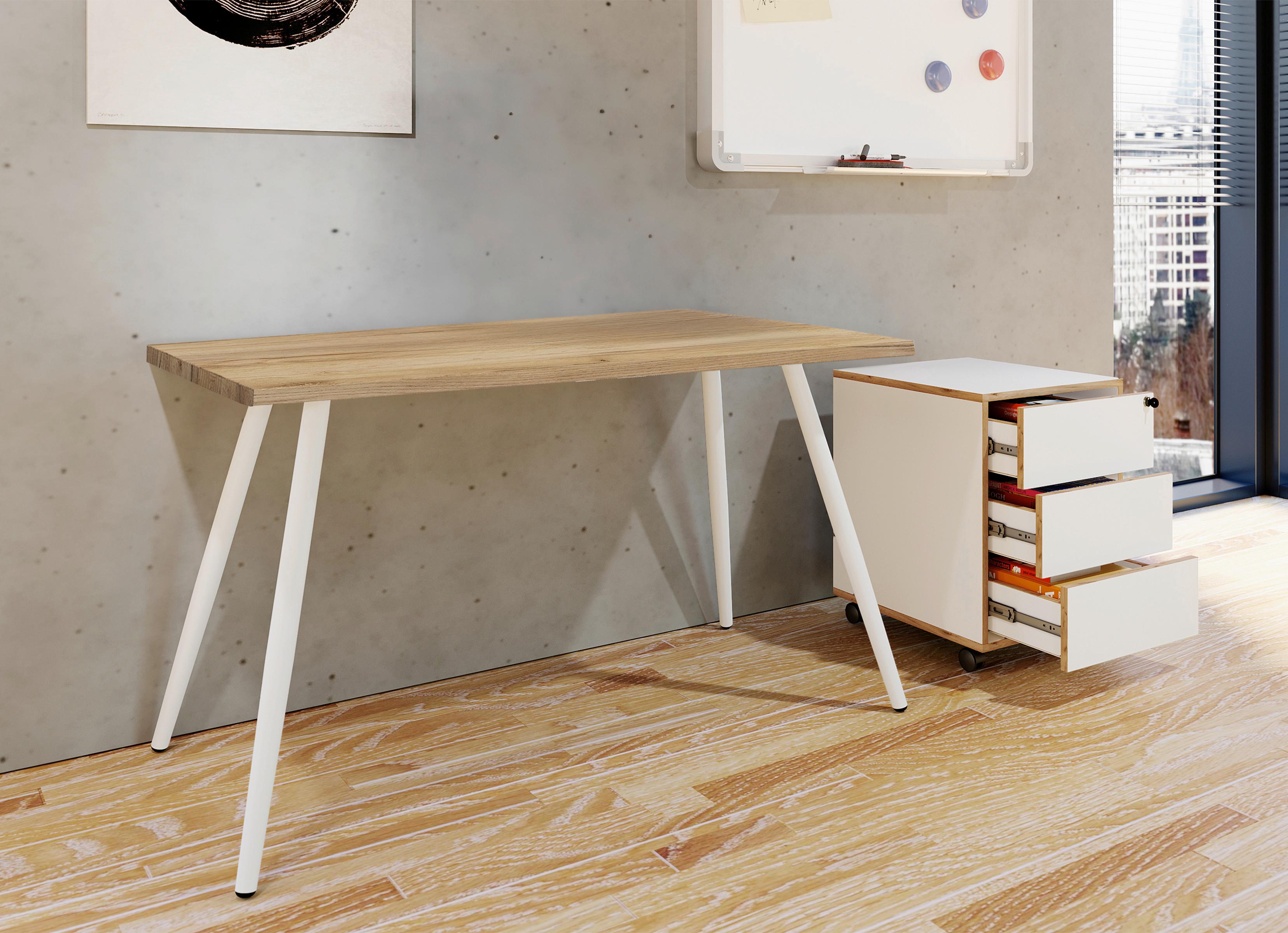 Pisalna Miza Salia, Bela, Barva Hrasta, 80x50cm - bela/medeni hrast, Moderno, kovina/leseni material (80/50/70cm) - MID.YOU