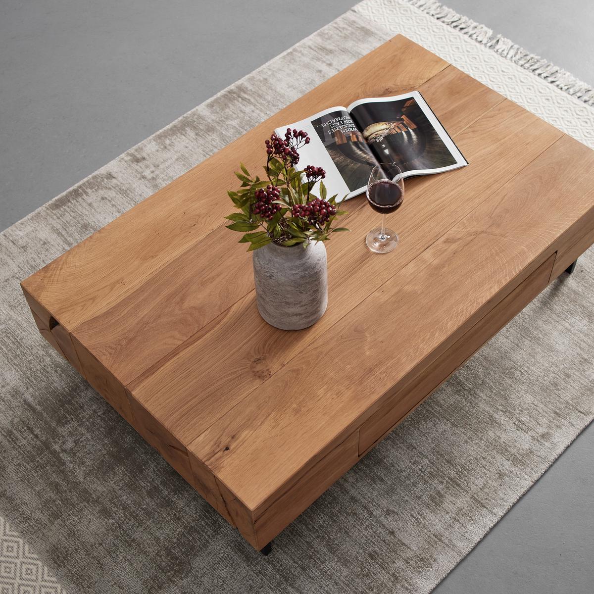 Couchtisch "Davide", ca. 130x80 cm, aus Eiche, massiv - Eichefarben/Schwarz, MODERN, Holz/Metall (130/40/80cm) - Bessagi Home