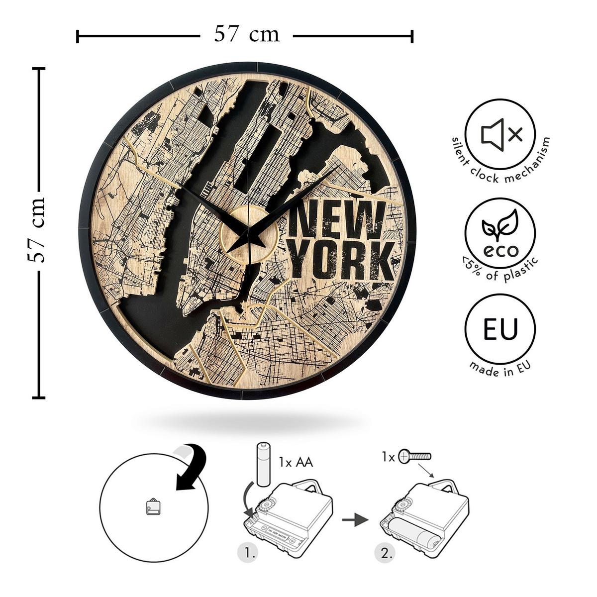 Wanduhr Schwarz/Eichefarben Ø ca. 57cm - Eichefarben/Schwarz, Basics, Holz/Kunststoff (57cm)