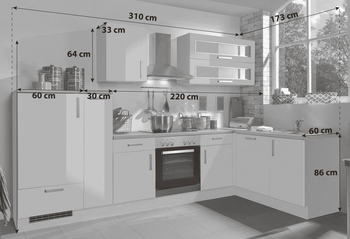 Menke Eckküche White-Premium Weiß Hochgl . B: ca. 310x173cm - Weiß Hochglanz/Silberfarben, KONVENTIONELL, Holzwerkstoff/Metall (310/173cm) - Menke