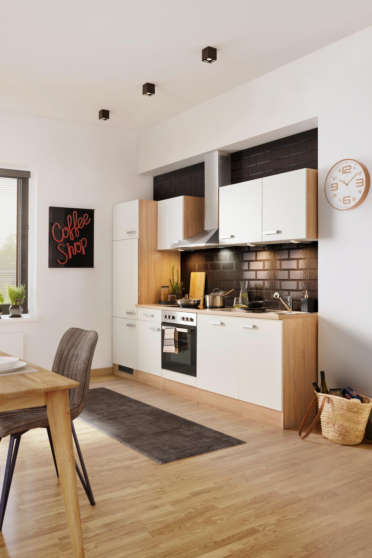 Küchenblock inkl. 5 E-Geräte Lexa Weiß/Sonoma Eiche - Edelstahlfarben/Weiß, MODERN, Holzwerkstoff/Kunststoff (280/200/60cm) - Based