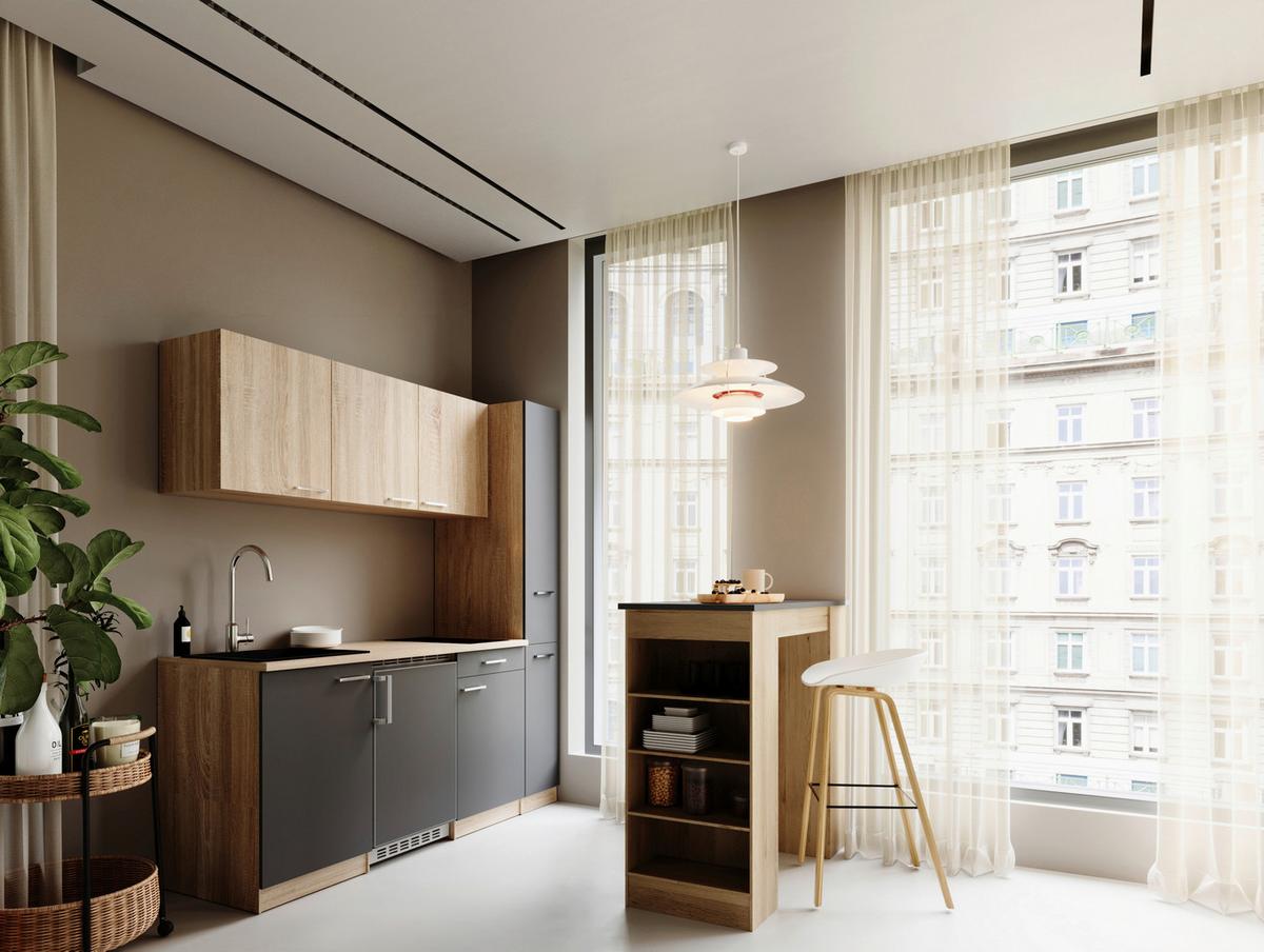 Küchenblock Ingrid m. Geräten Grau - Eichefarben/Alufarben, Design, Holzwerkstoff/Kunststoff (180cm) - Respekta