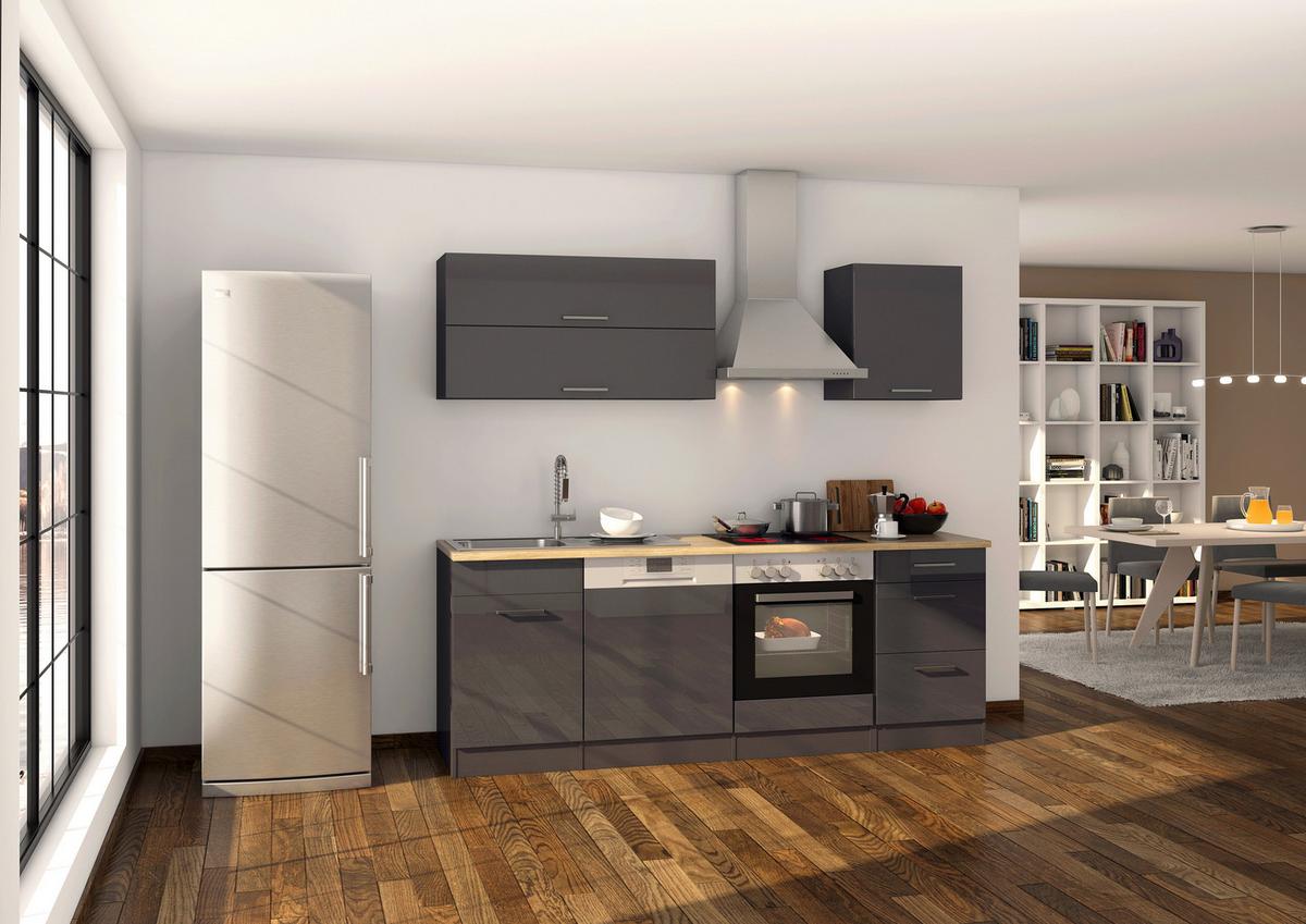 Küchenblock Mailand Anthrazit inkl. E-Geräte - Chromfarben/Eichefarben, MODERN, Holzwerkstoff/Metall (220cm) - Held